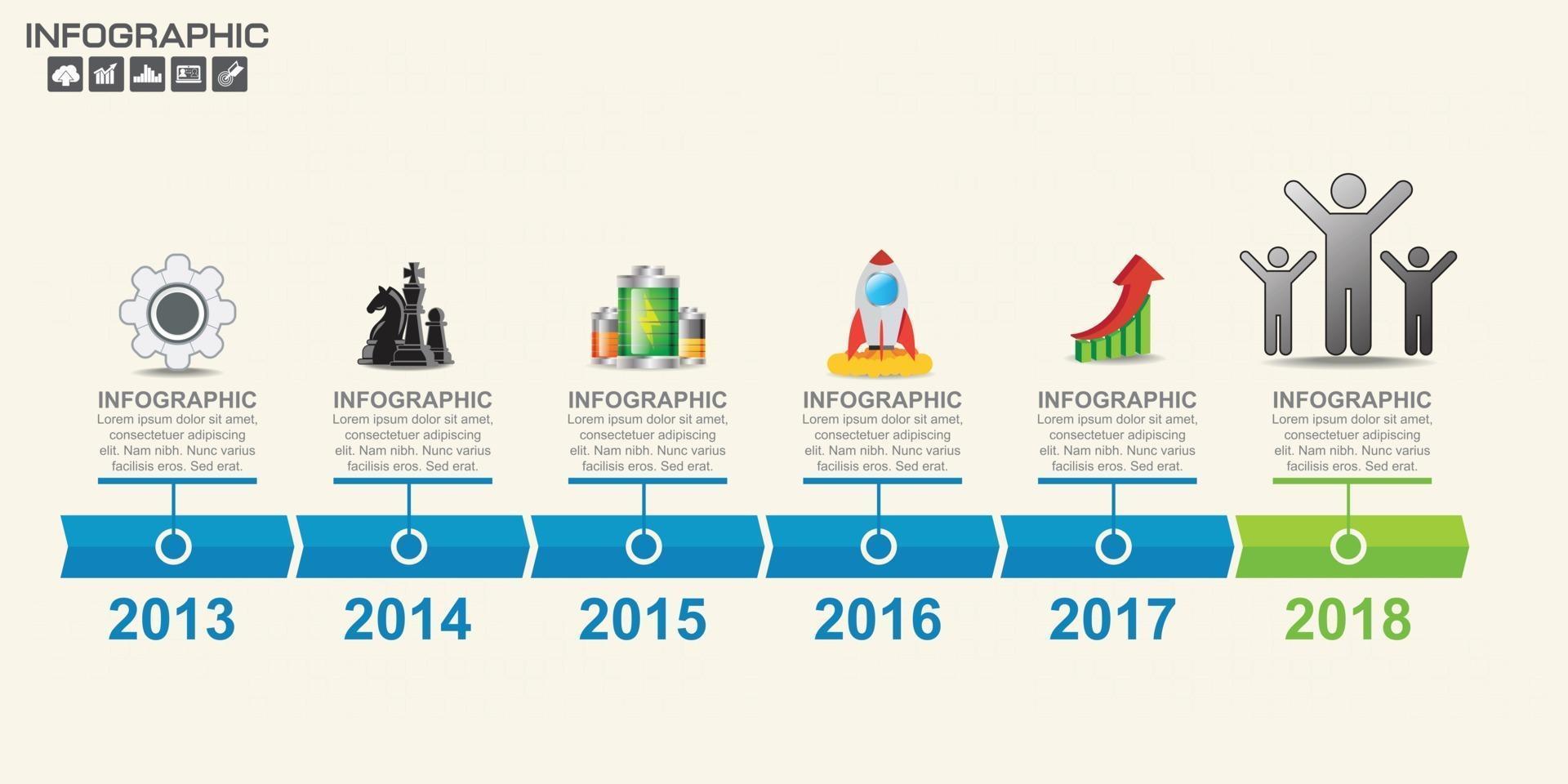 Mapa de ruta infográfico de línea de tiempo con iconos de negocios diseñados para elemento de hito de plantilla, ilustración de vector de gráfico de proceso de diagrama moderno.