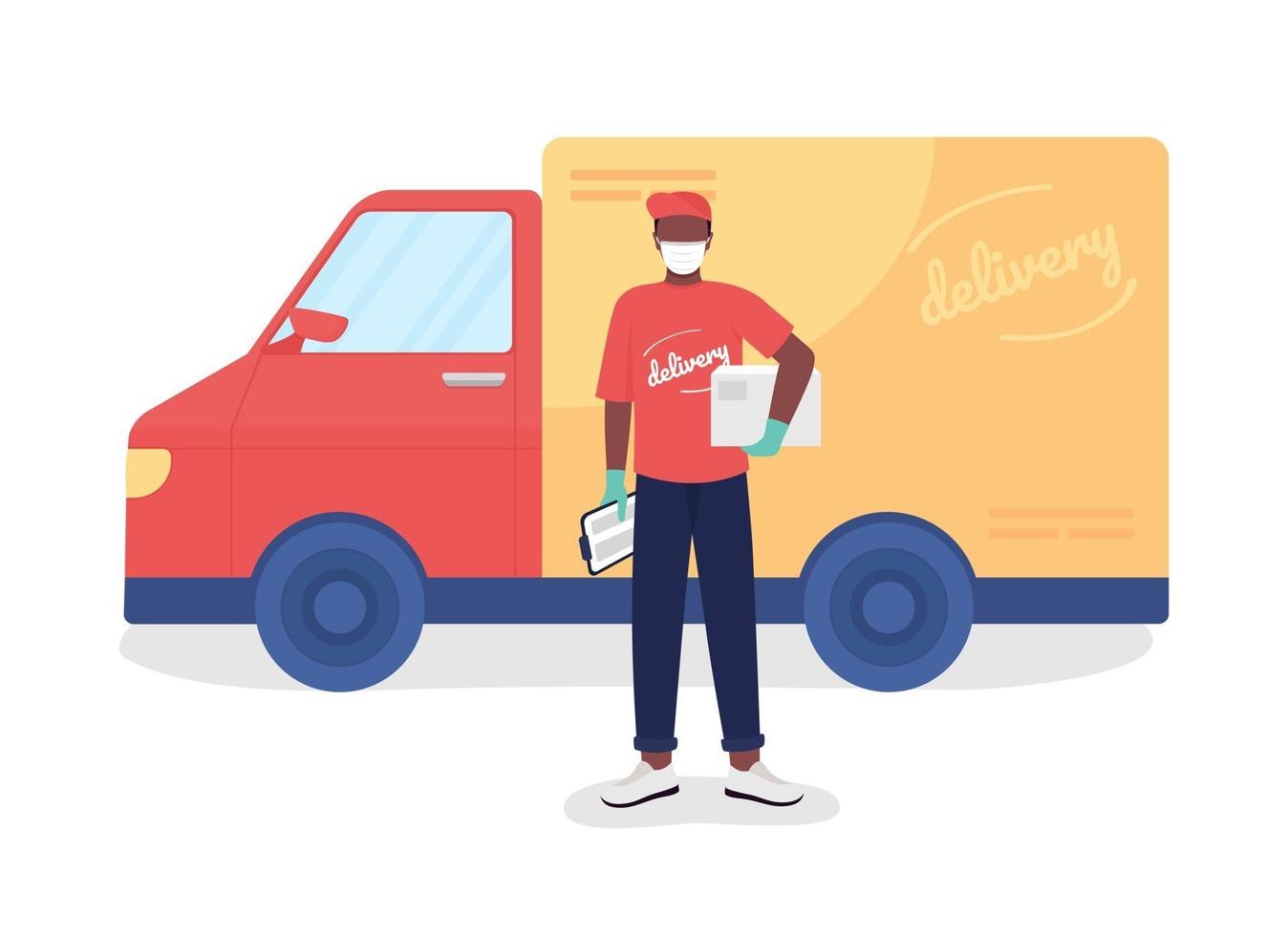 Courier with parcel and van semi flat color vector character