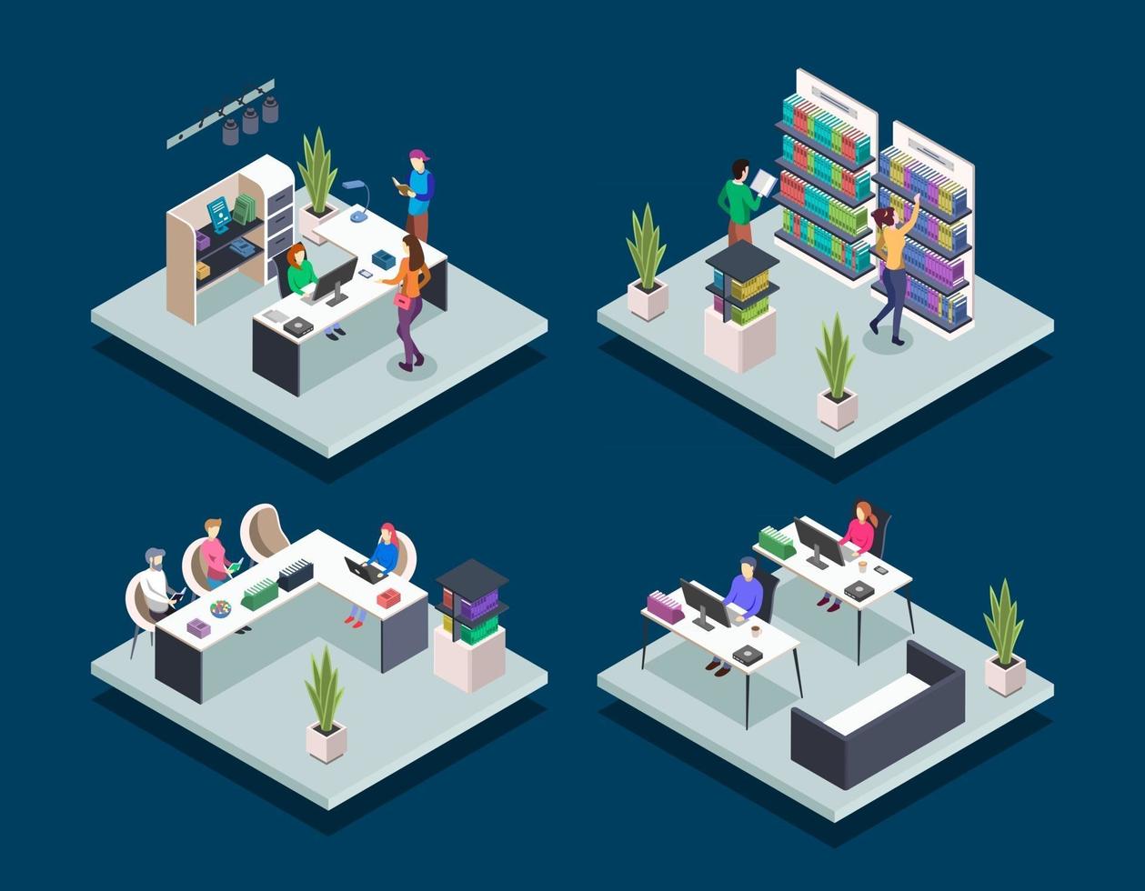 Modern book library isometric color vector illustrations set. People in bookstore. Student in university computer class. School pupils reading. Public library 3d concept isolated on blue background