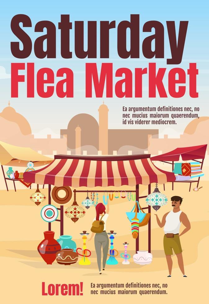 Saturday flea market poster flat vector template. Oriental marketplace with souvenirs. Brochure, cover, booklet one page concept design with cartoon characters. Advertising flyer, leaflet, newsletter