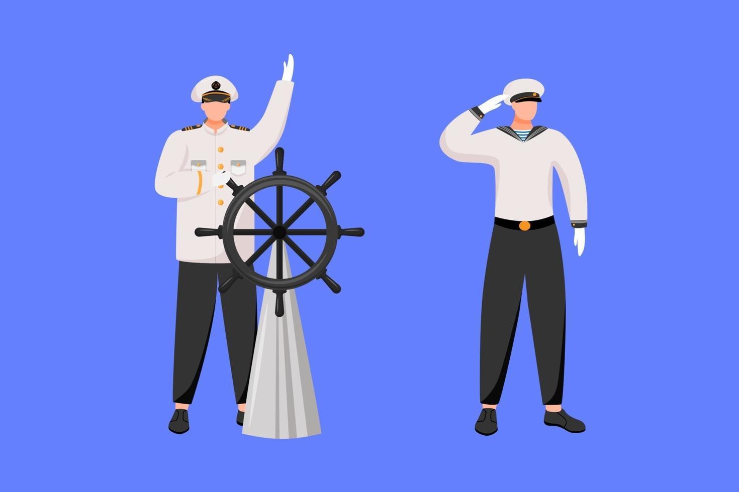 Ilustración de vector plano de profesiones marítimas. navegador con timón. crucero. ocupación marina. Capitán y marinero personajes de dibujos animados aislados sobre fondo azul.