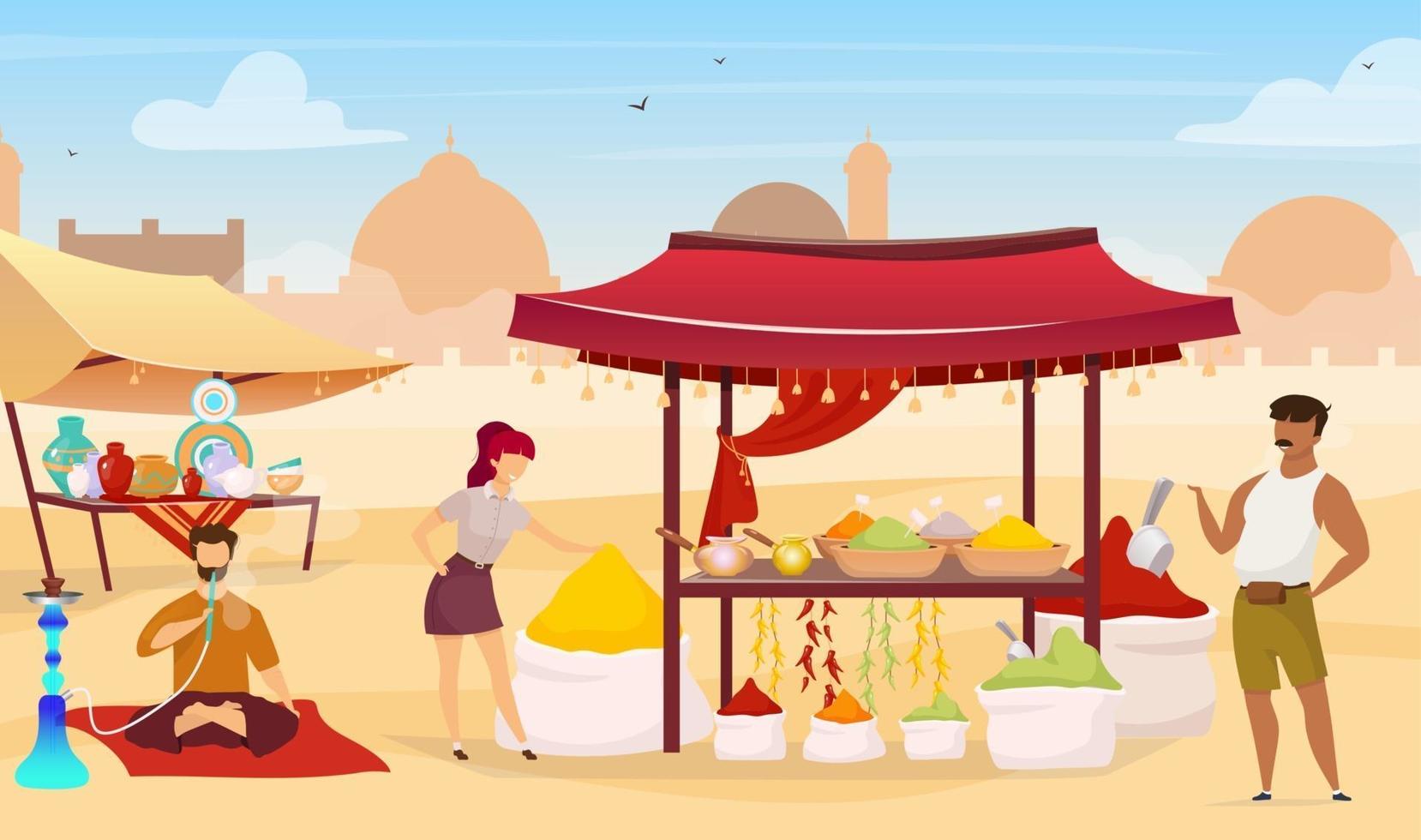 Turkish bazaar flat color vector illustration. Arab street market. Egyptian marketplace with souvenirs for tourists. People buying spices faceless cartoon characters with trade tents on background
