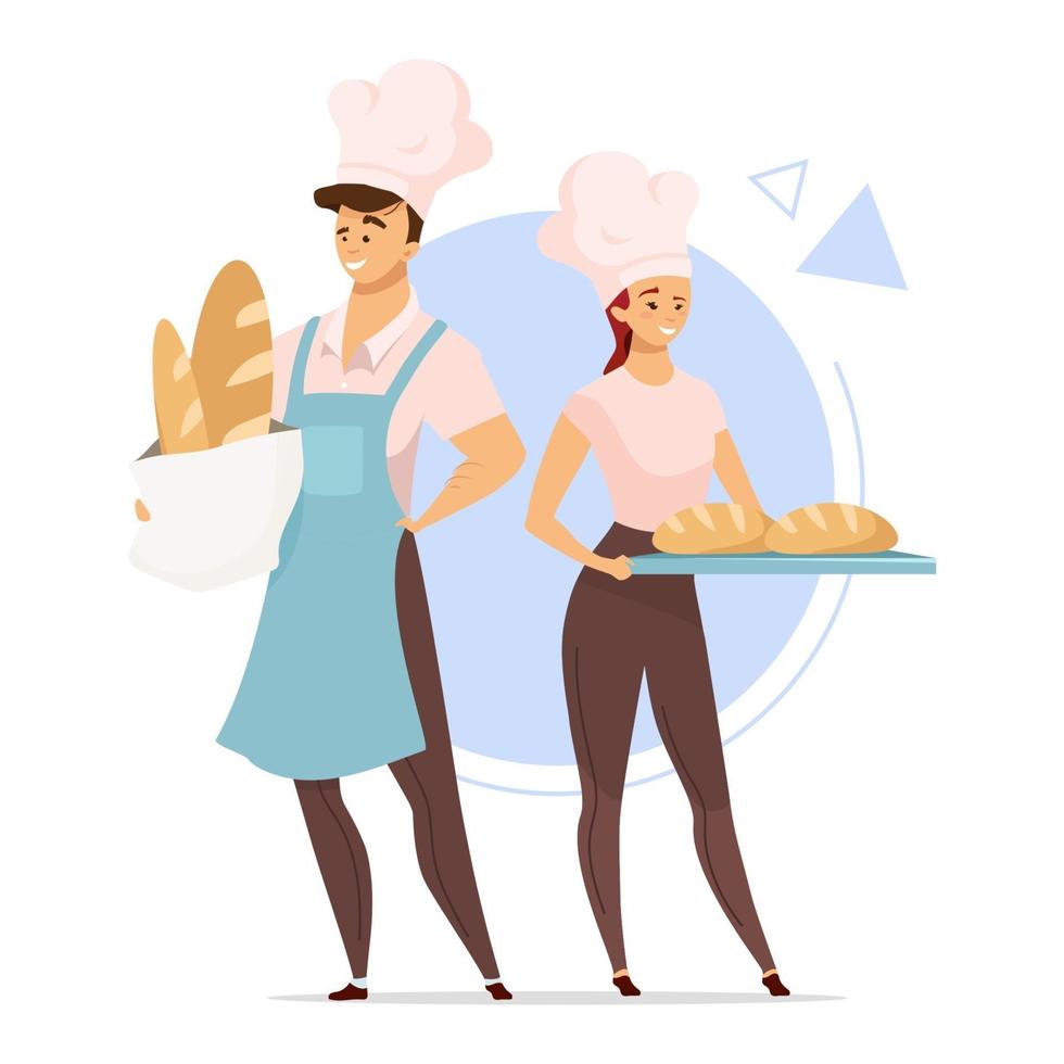 par de ilustración de vector de color plano de panaderos. concepto de panadería. personajes de dibujos animados masculinos y femeninos con pan. industria de alimentos. personaje de dibujos animados aislado sobre fondo blanco