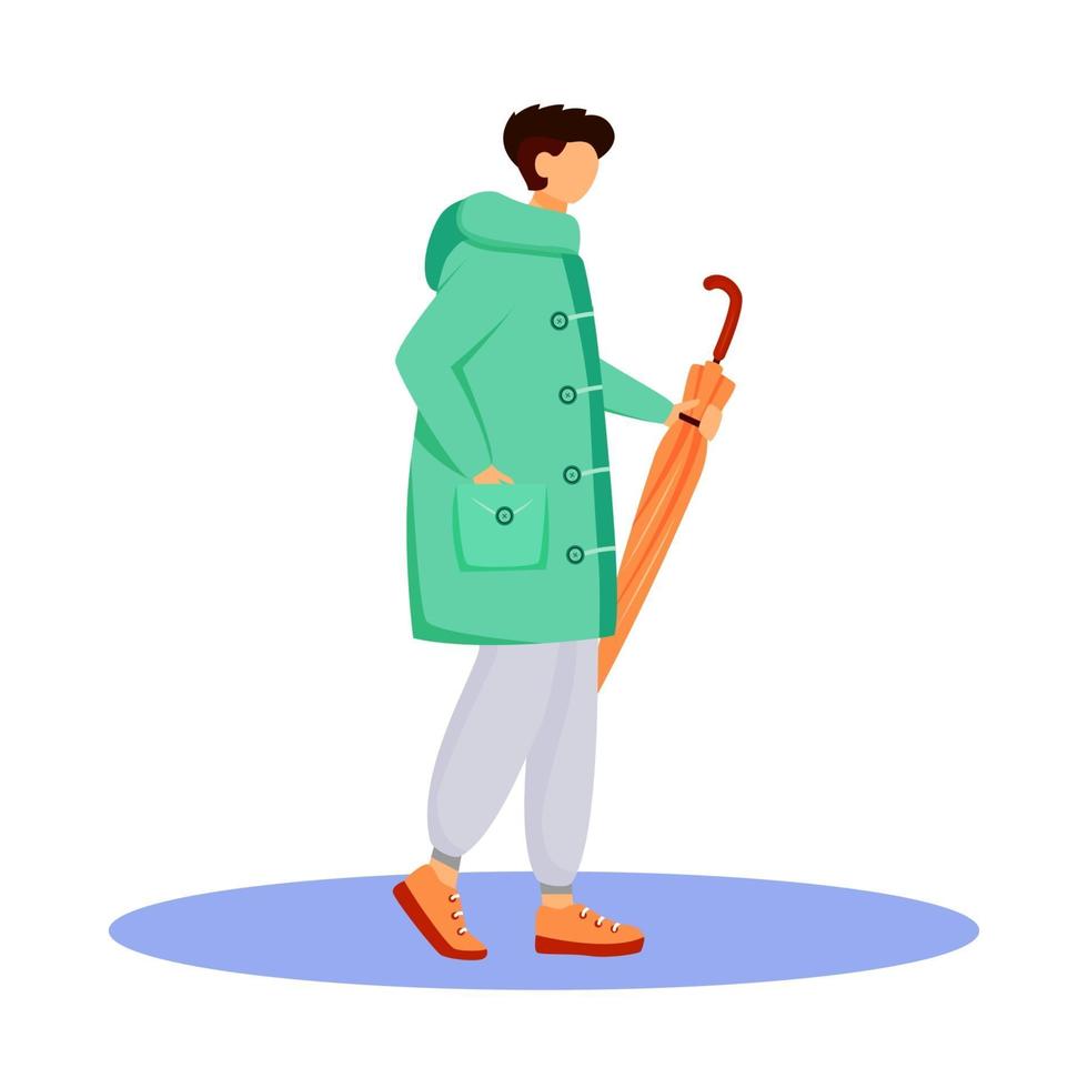 Man in raincoat flat color vector faceless character. Walking caucasian guy. Wet weather. Autumn rainy day. Male with umbrella in hand isolated cartoon illustration on white background