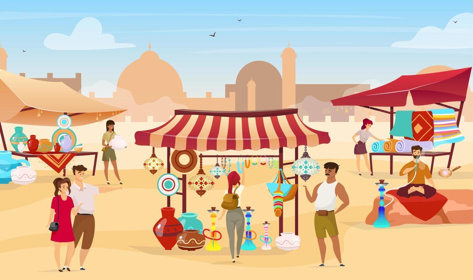 Egyptian bazaar flat vector illustration. Muslim vendors at eastern marketplace. Tourists choosing souvenirs, handmade ceramics and carpets faceless cartoon characters with desert town on background