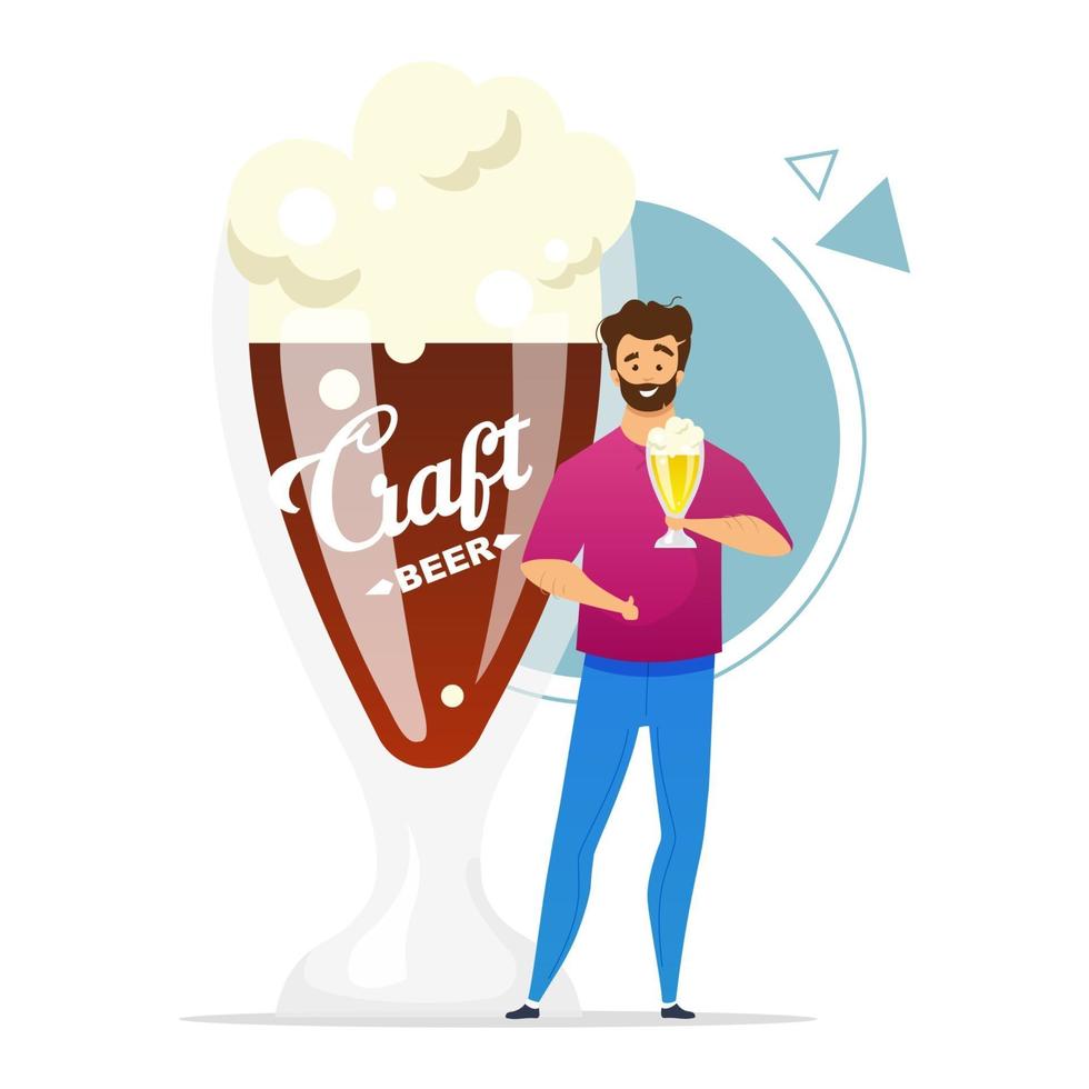 Ilustración de vector de color plano de consumidor de cerveza artesanal. microcervecería. pequeña cervecería. cervecero casero. hombre con una pinta de cerveza. maestro cervecero. personaje de dibujos animados aislado sobre fondo blanco