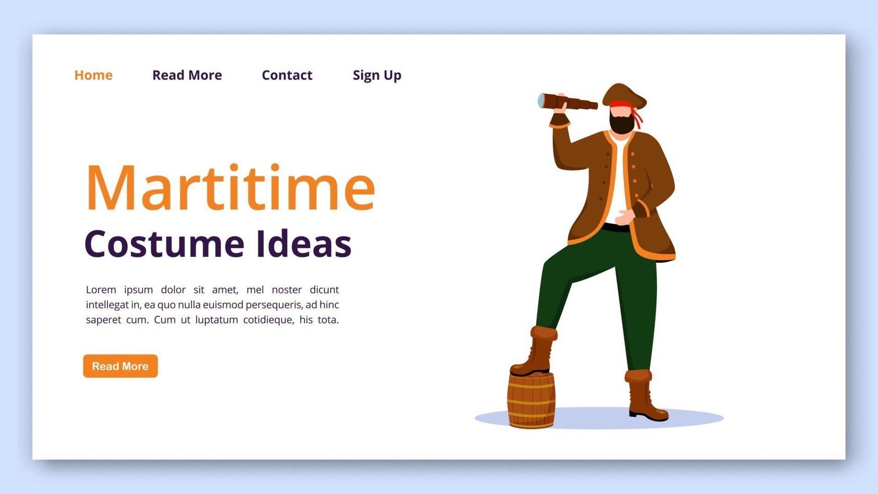 Maritime costume ideas landing page vector template. Pirate website interface idea with flat illustrations. clothing rental homepage layout. Marine festival web banner, webpage cartoon concept