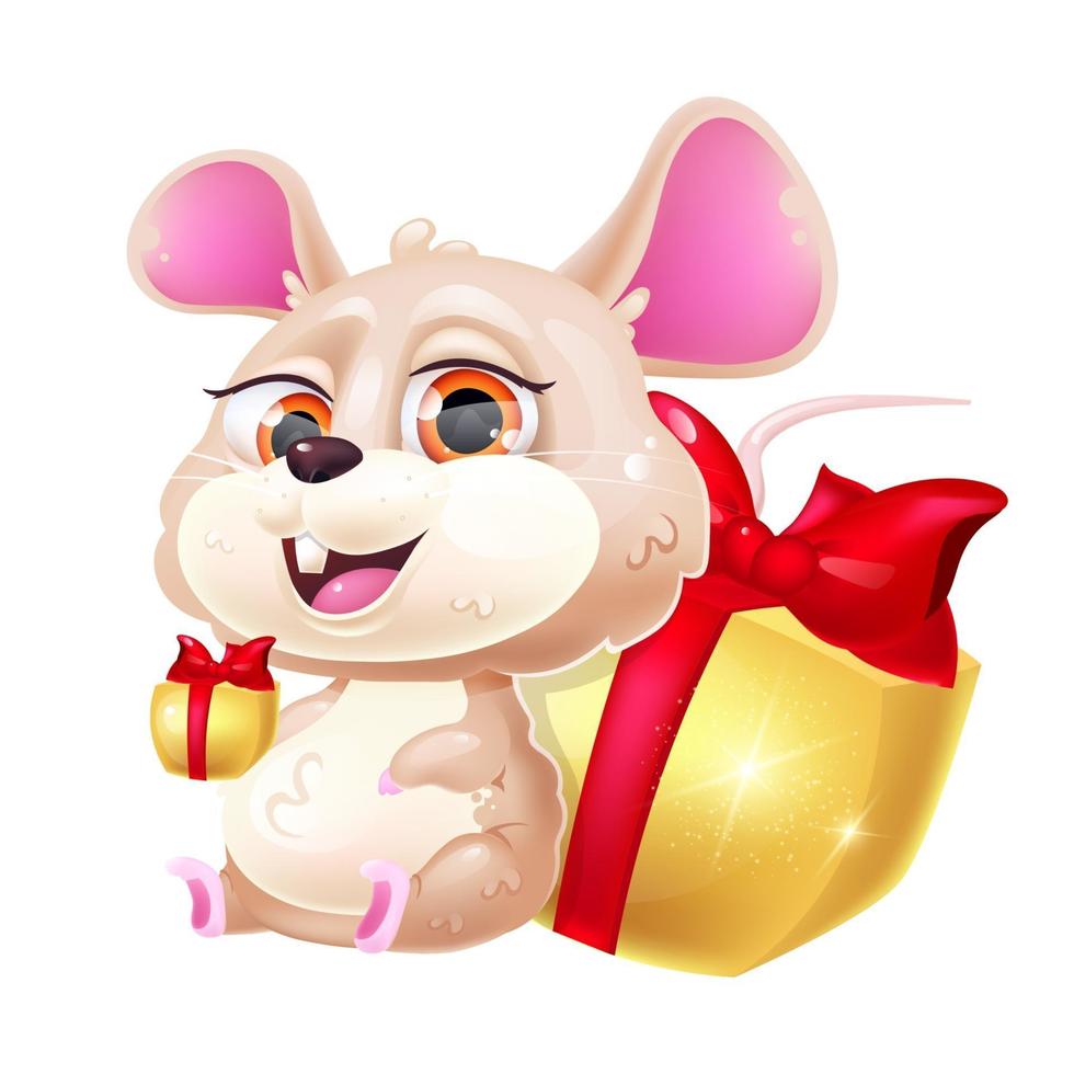 Cute mouse kawaii cartoon vector character. Chinese New Year zodiac symbol of 2020. Adorable and funny animal sitting with gift boxes isolated sticker, patch. Anime baby rat emoji on white background
