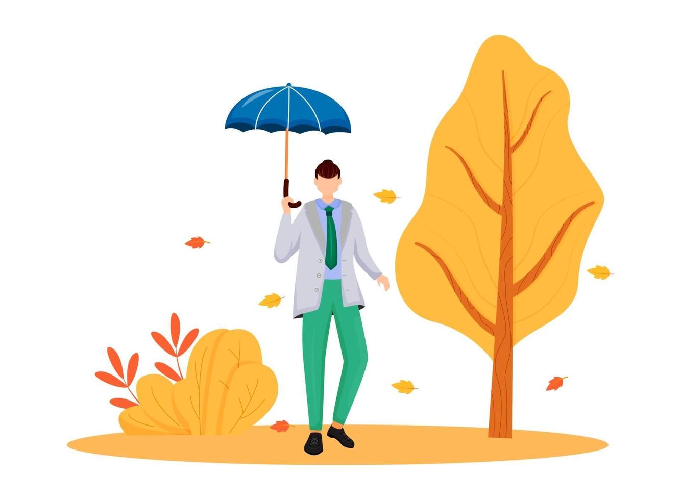 Man in gray jacket flat color vector faceless character. Rainy weather. Autumn nature. Fashionable male with umbrella. Wet day. Walking caucasian guy isolated cartoon illustration on white background