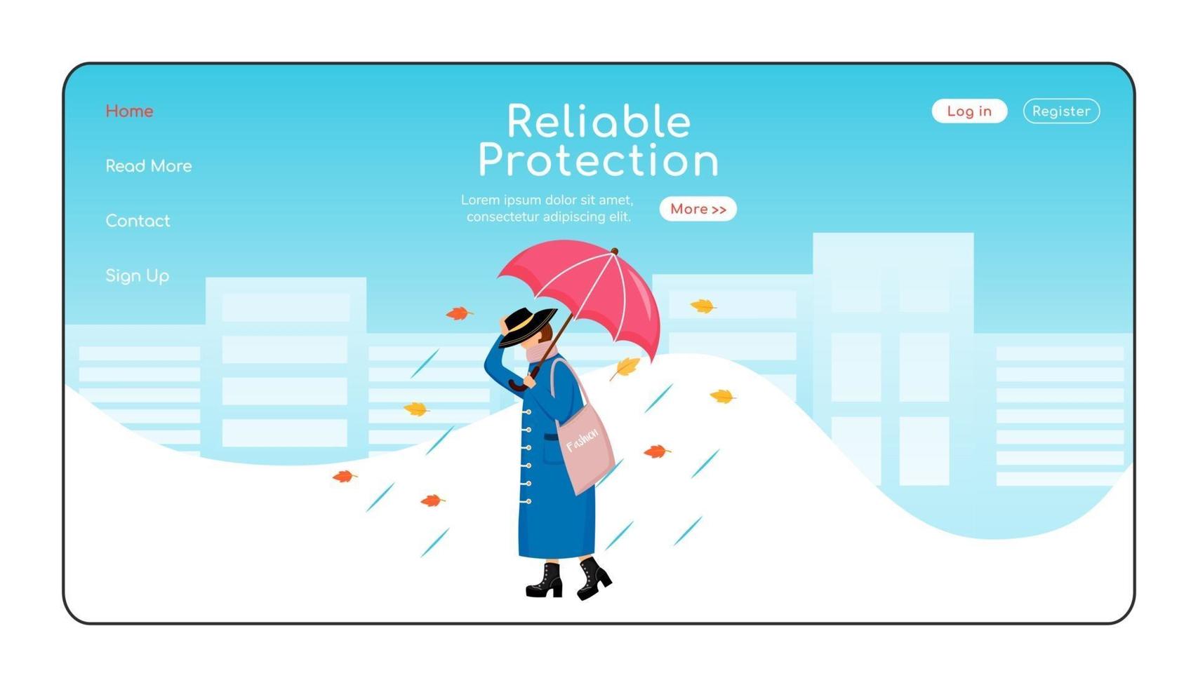 Reliable protection landing page flat color vector template. Rainywear homepage layout. Fashionable woman in raincoat one page website interface with cartoon character. Rainy day web banner, webpage