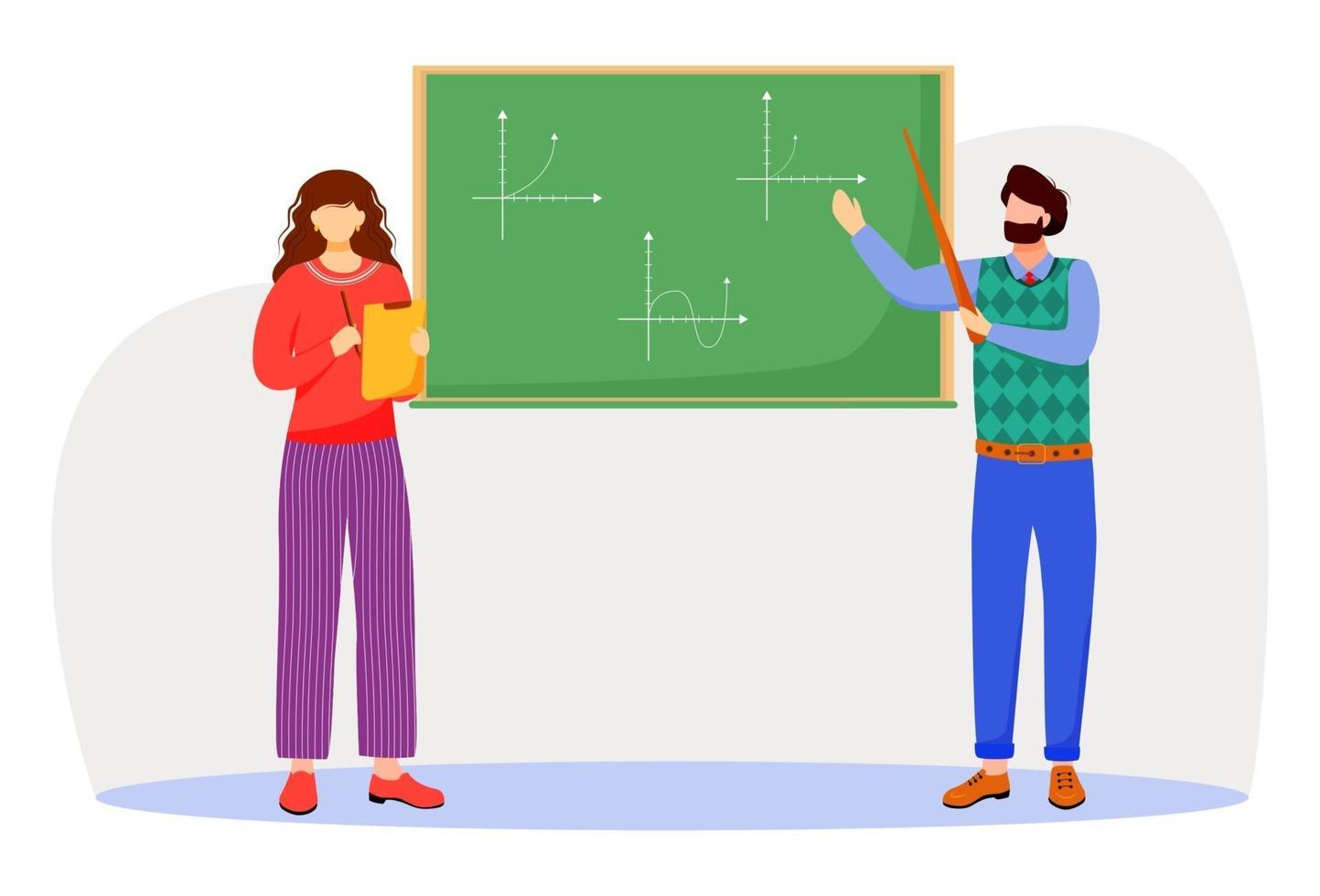 Teacher explains math graphs on chalkboard flat vector illustration. Studying process at university, school. Learning mathematics. Professor and student isolated cartoon characters on white background