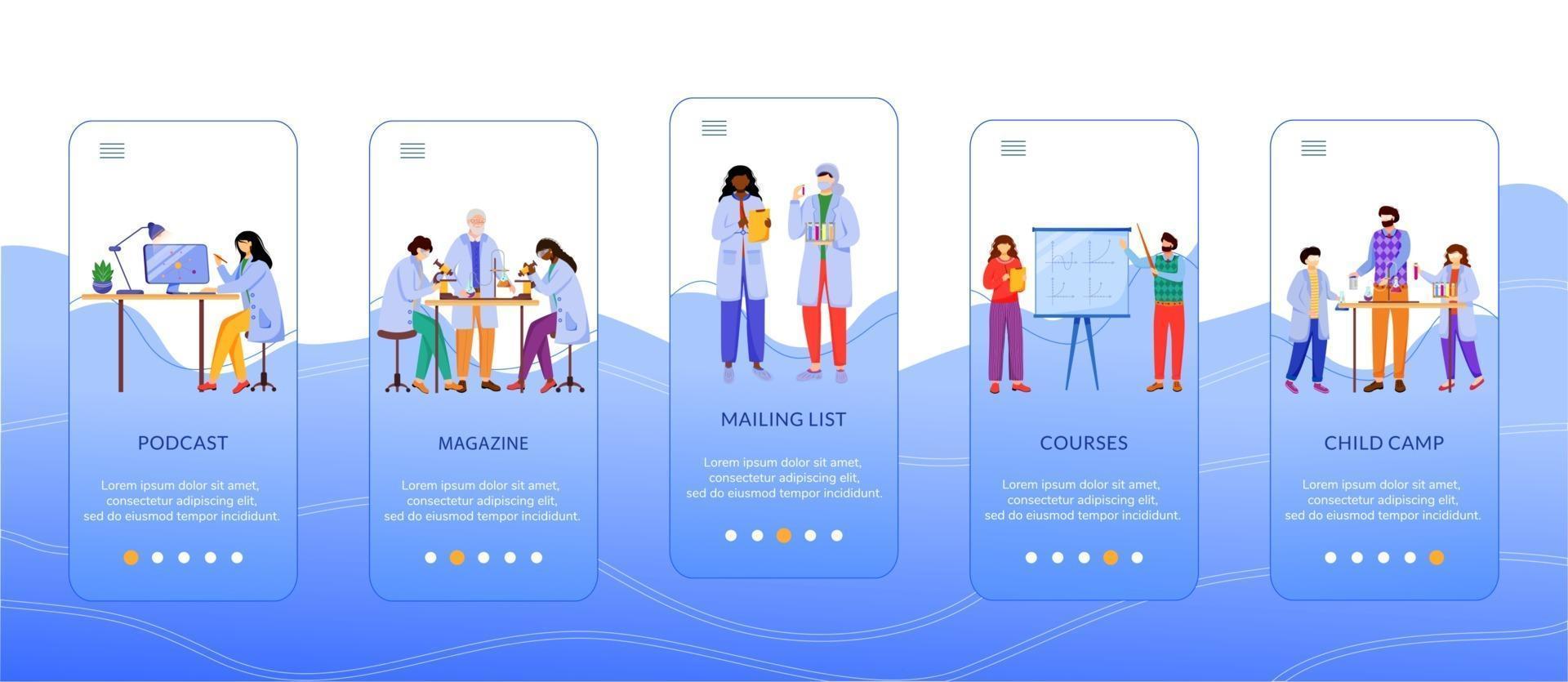 Science services onboarding mobile app screen vector template. Modern learning methods. Walkthrough website steps with flat characters. UX, UI, GUI smartphone cartoon interface concept