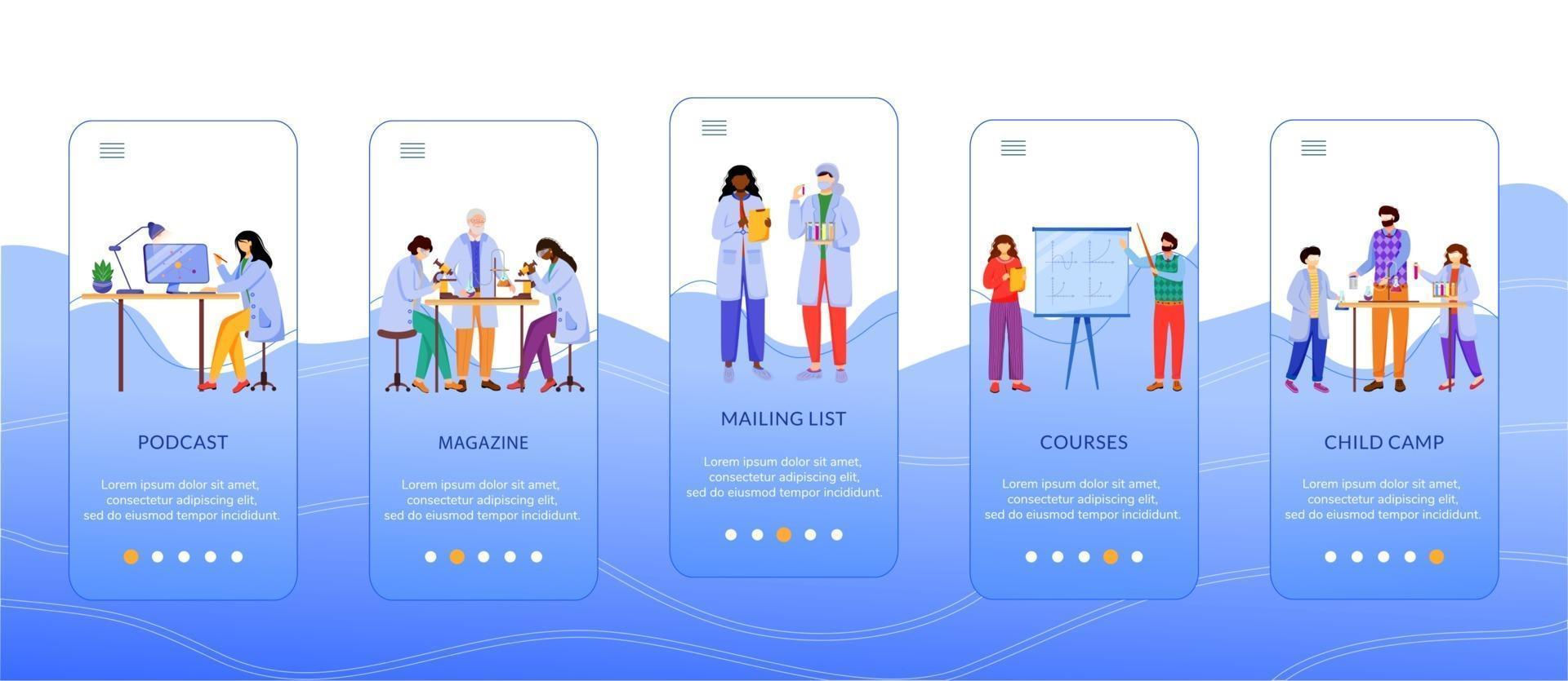 servicios de ciencia incorporación de plantilla de vector de pantalla de aplicación móvil. métodos de aprendizaje modernos. paso a paso del sitio web con caracteres planos. concepto de interfaz de dibujos animados de smartphone ux, ui, gui