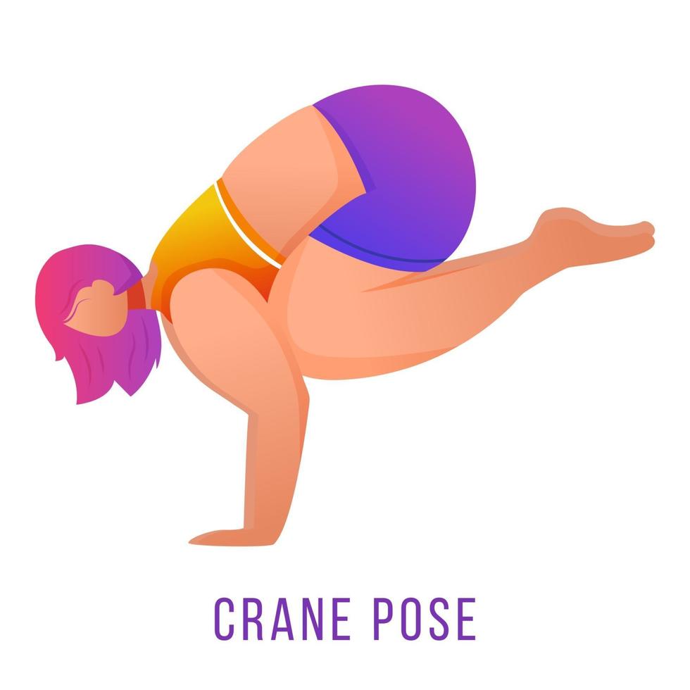 pose de grúa ilustración vectorial plana. postura bakasana. mujer caucásica haciendo yoga en ropa deportiva naranja y morada. entrenamiento, fitness. ejercicio físico. personaje de dibujos animados aislado sobre fondo blanco vector