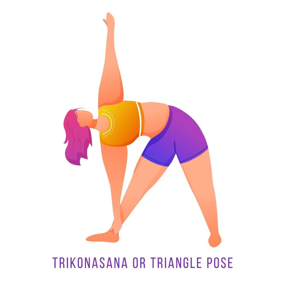 Trikonasana flat vector illustration. Triangle pose. Caucausian woman doing yoga in orange and purple sportswear. Workout, fitness. Physical exercise. Isolated cartoon character on white background