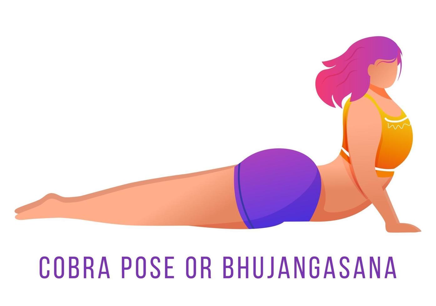 Ilustración de vector plano de pose de cobra. bhujangasana. mujer caucásica haciendo yoga en ropa deportiva naranja y morada. entrenamiento, fitness. ejercicio físico. personaje de dibujos animados aislado sobre fondo blanco