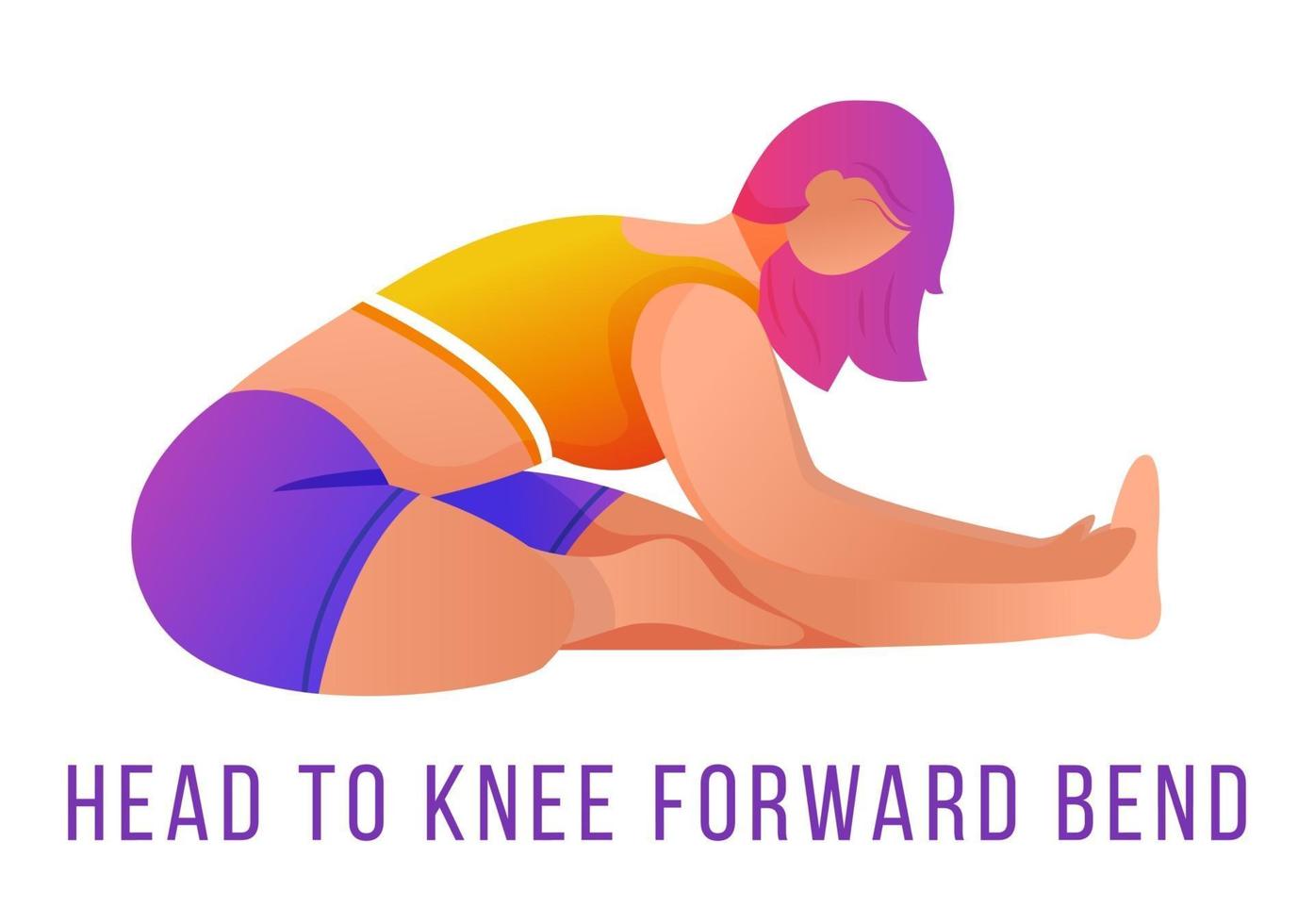 Head to knee forward bend flat vector illustration. Janu Sirsasana. Caucausian woman doing yoga in orange and purple sportswear. Workout, fitness. Isolated cartoon character on white background