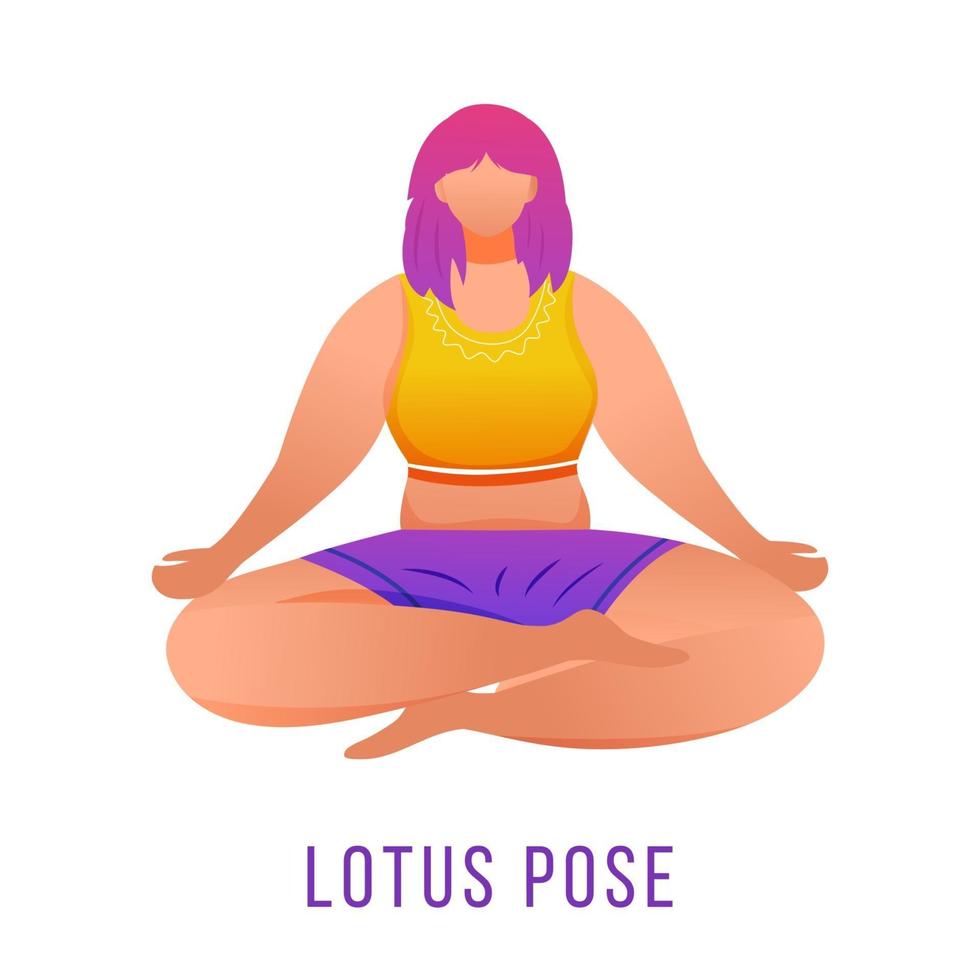 Lotus pose flat vector illustration. Padmasana. Caucausian woman doing yoga in orange and purple sportswear. Workout, fitness. Physical exercise. Isolated cartoon character on white background