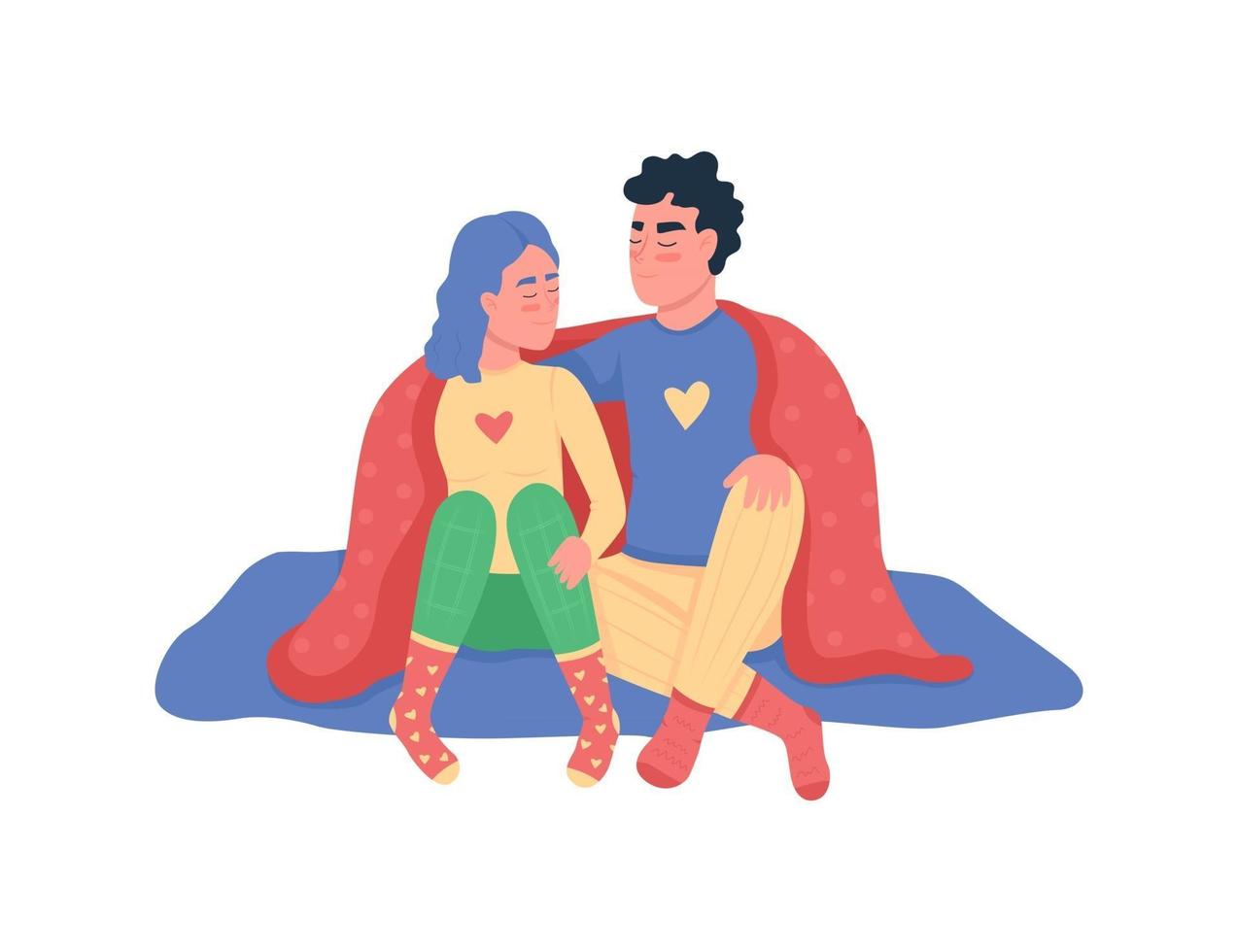 Couple hugging under blanket flat color vector detailed characters