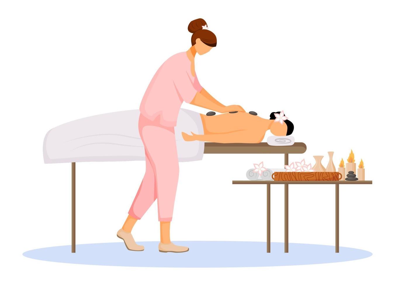 Masseuse in uniform flat color vector illustration. Spa salon, body treatment, relaxation. Hotel pampering session. Stone massage therapist and client isolated cartoon characters on white background