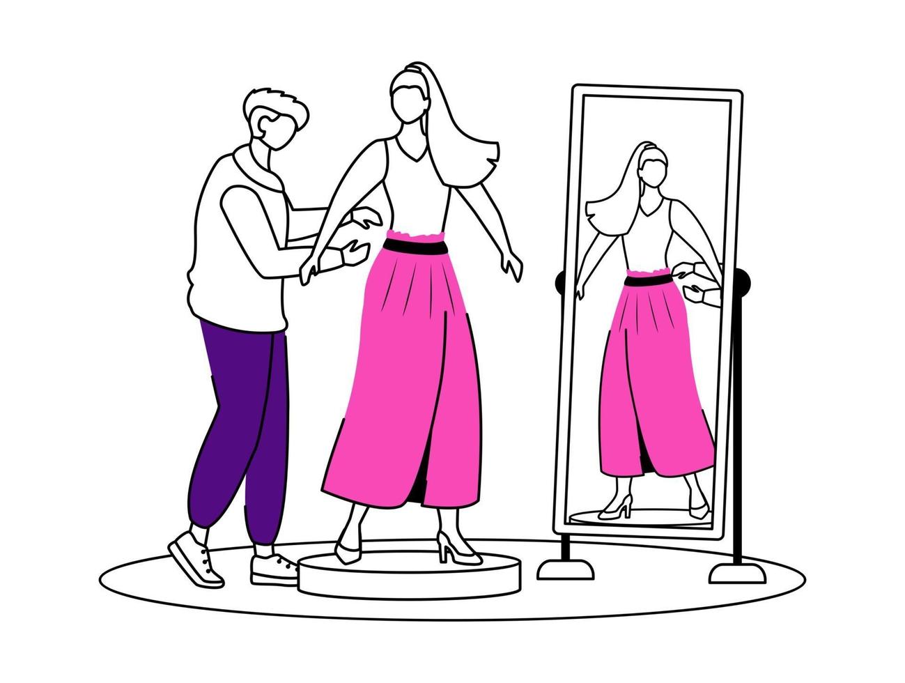 Fashion designer flat contour vector illustration. Dressing up famous people. Trying on new outfit. Preparing model for runway isolated cartoon outline character on white background. Simple drawing