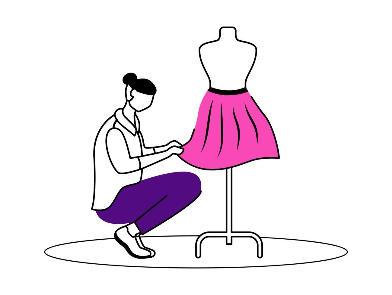 Fashion designer atelier flat contour vector illustration. Creating exclusive skirts at workshop. Designing, sewing clothes isolated cartoon outline character on white background. Simple drawing