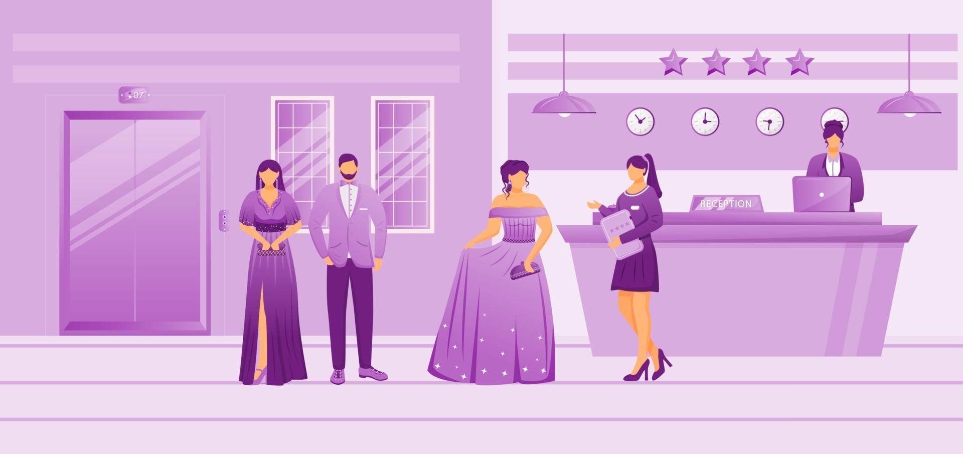 Hotel guests in waiting area flat vector illustration. Resort manager talking with clients at reception. Receptionist at front desk. People in evening attires in lobby cartoon characters