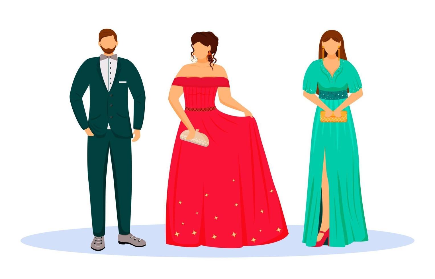 People in black tie suits flat color vector illustration. Hotel guests in evening dress code. Official event. Man and women in formal outfits isolated cartoon characters on white background