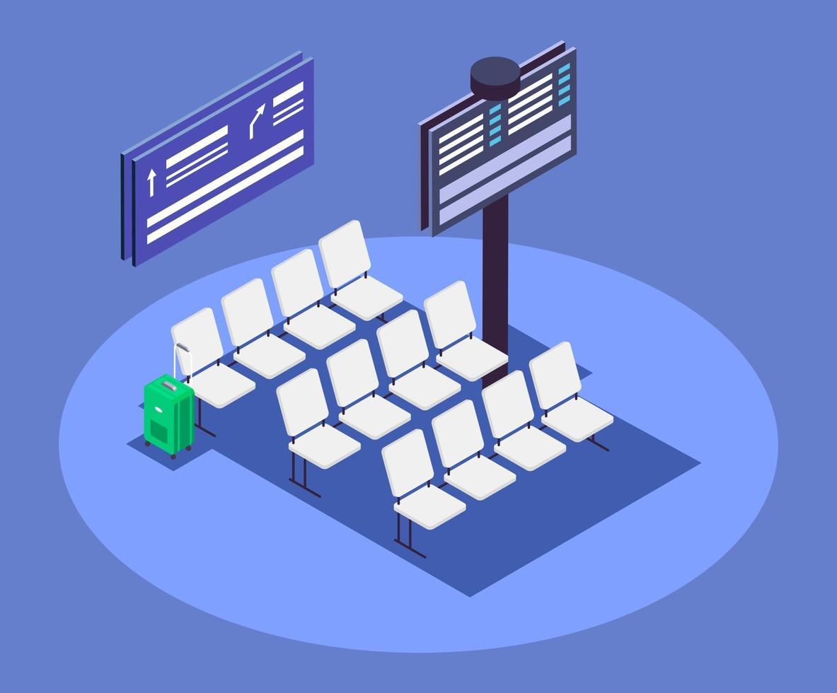 Ilustración de vector de color isométrico del área de salida del aeropuerto. Terminal de línea aérea, sala de espera concepto 3d aislado sobre fondo azul. Zona de descanso de pasajeros con asientos vacíos y horario.