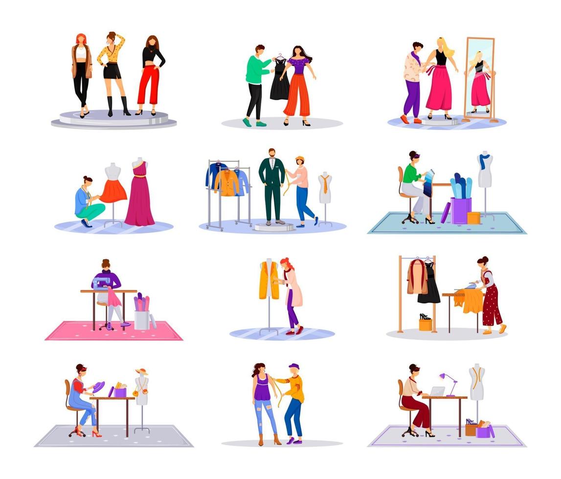 Fashion designer in atelier flat color vector illustrations set. Creating stylish clothes. Runway models outfits. Designing new collection in studio isolated cartoon characters on white background