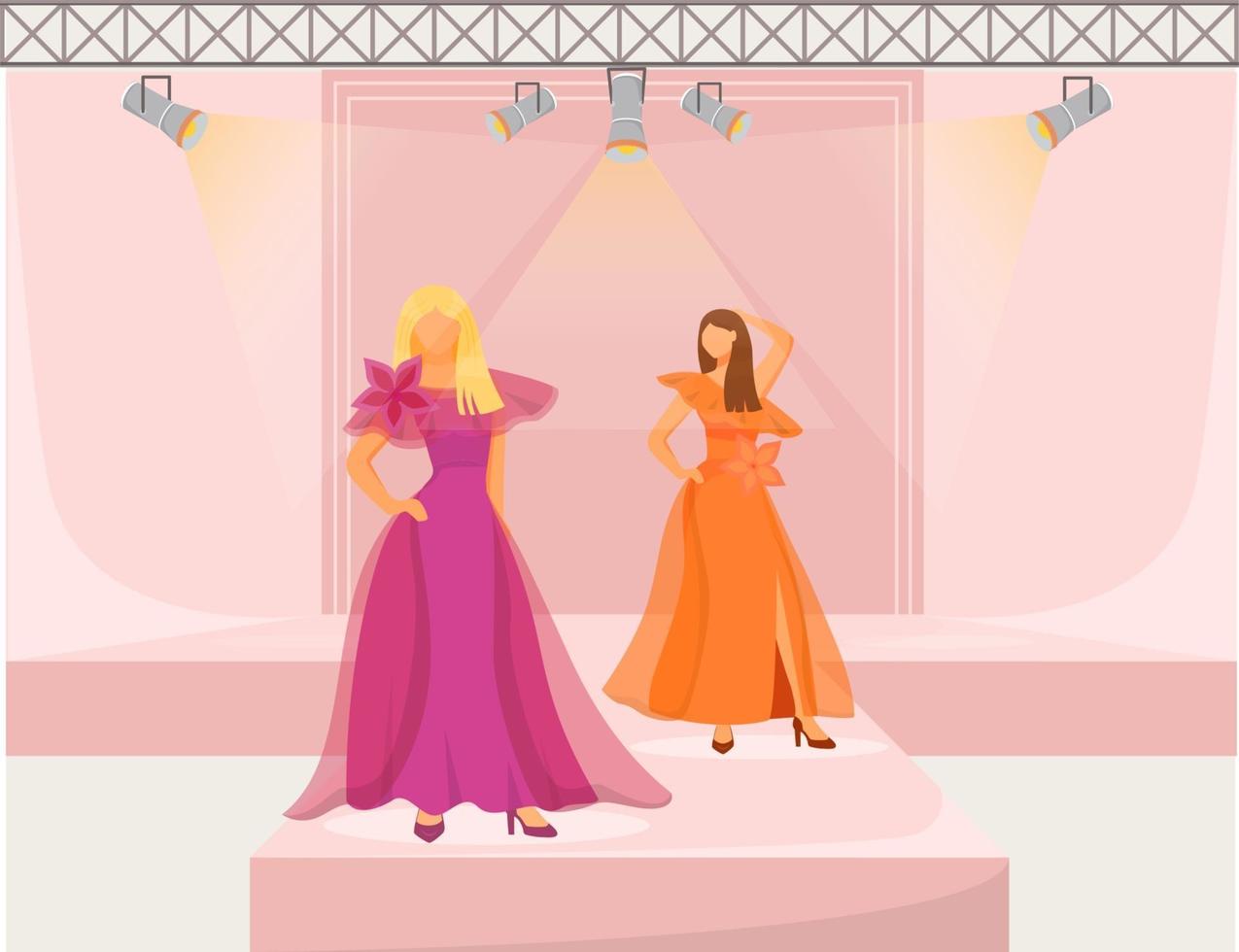 Fashion runway girls flat color vector illustration. Models demonstrate trends, clothes and accessories. New collection catwalk females isolated cartoon character on pink background 2741642 Vector Art Vecteezy