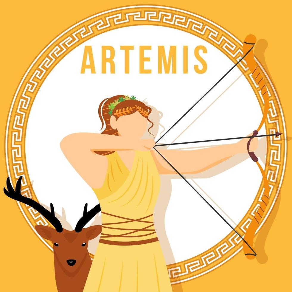 Artemis orange social media post mockup. Ancient Greek goddess. Mythological figure. Web banner design template. Social media booster, content layout. Poster, printable card with flat illustrations vector