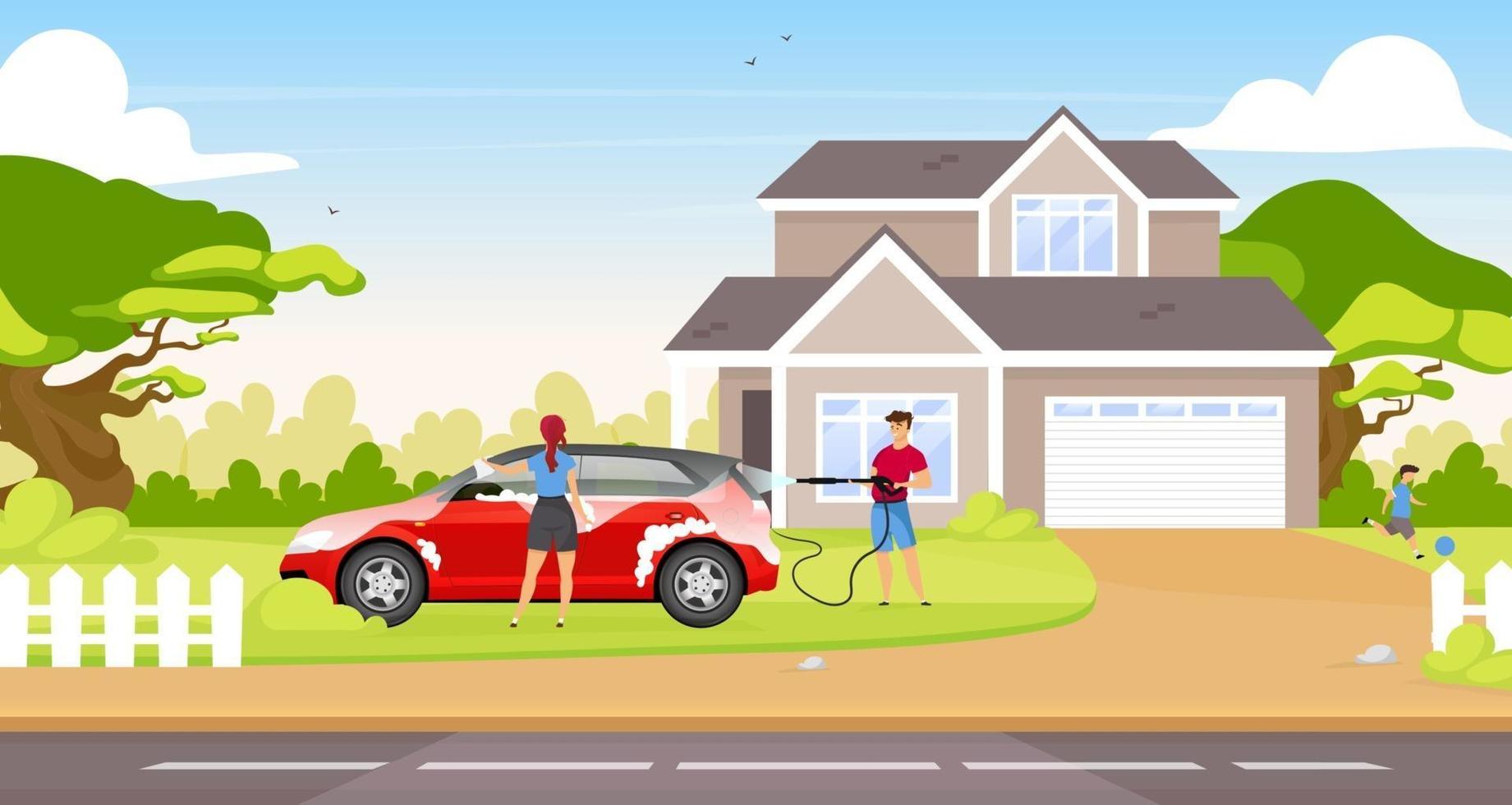 Couple washing hatchback flat color vector illustration. Happy couple and child 2D cartoon characters with country house on background. People cleaning family car together outdoors