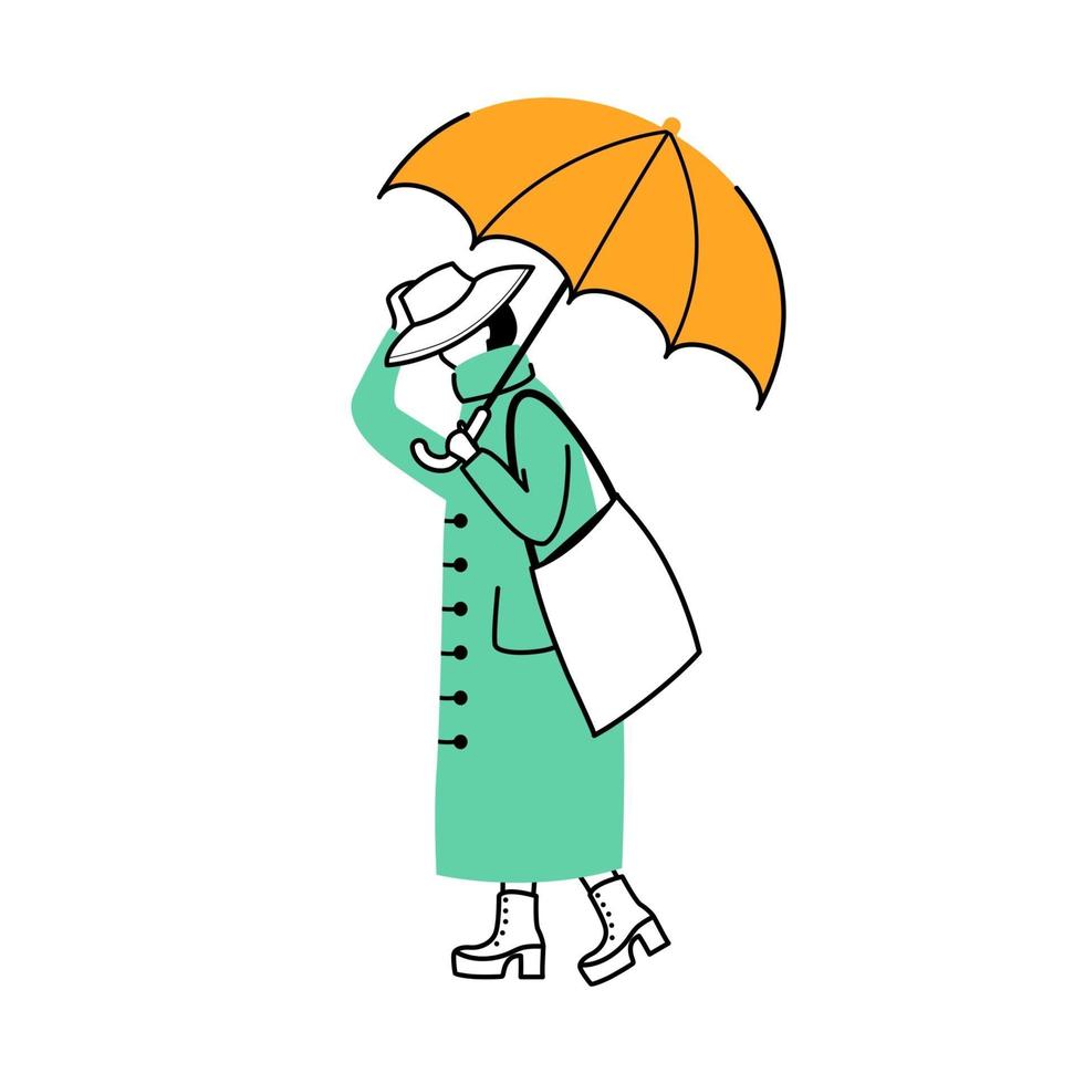 Woman in raincoat flat contour vector illustration. Walking caucasian lady in hat. Rainy day. Female with umbrella isolated cartoon outline character on white background. Madam on heels simple drawing