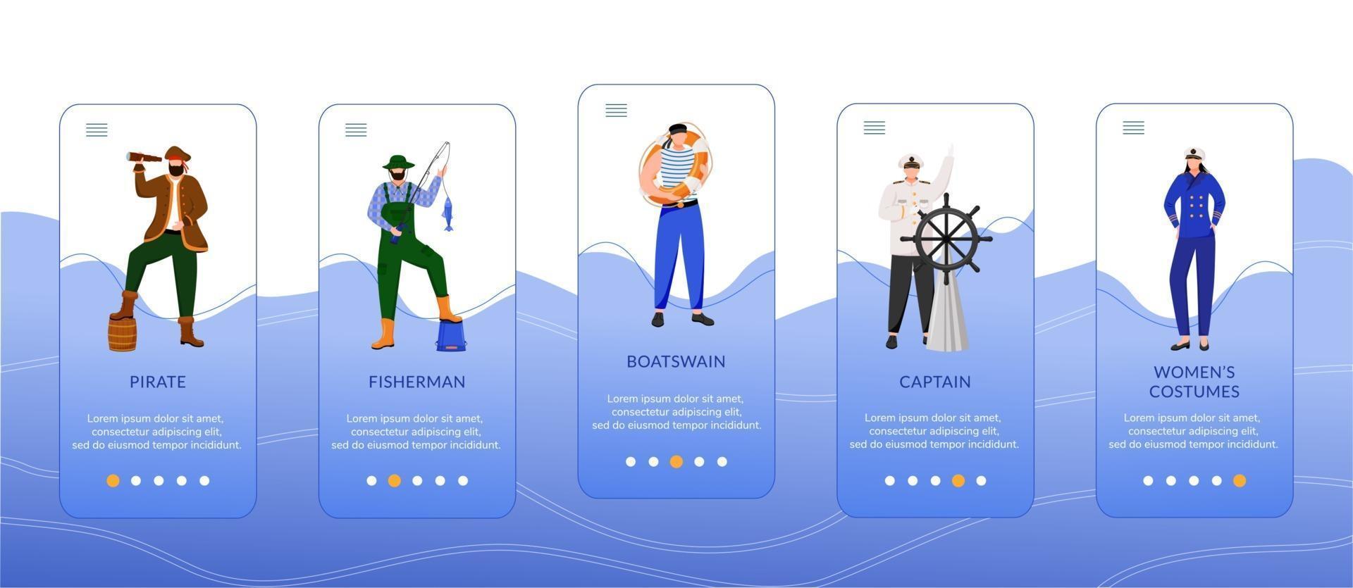 Maritime professions onboarding mobile app screen vector template. Captain and fisherman. Womens costumes. Walkthrough website steps, flat characters. UX, UI, GUI smartphone cartoon interface concept