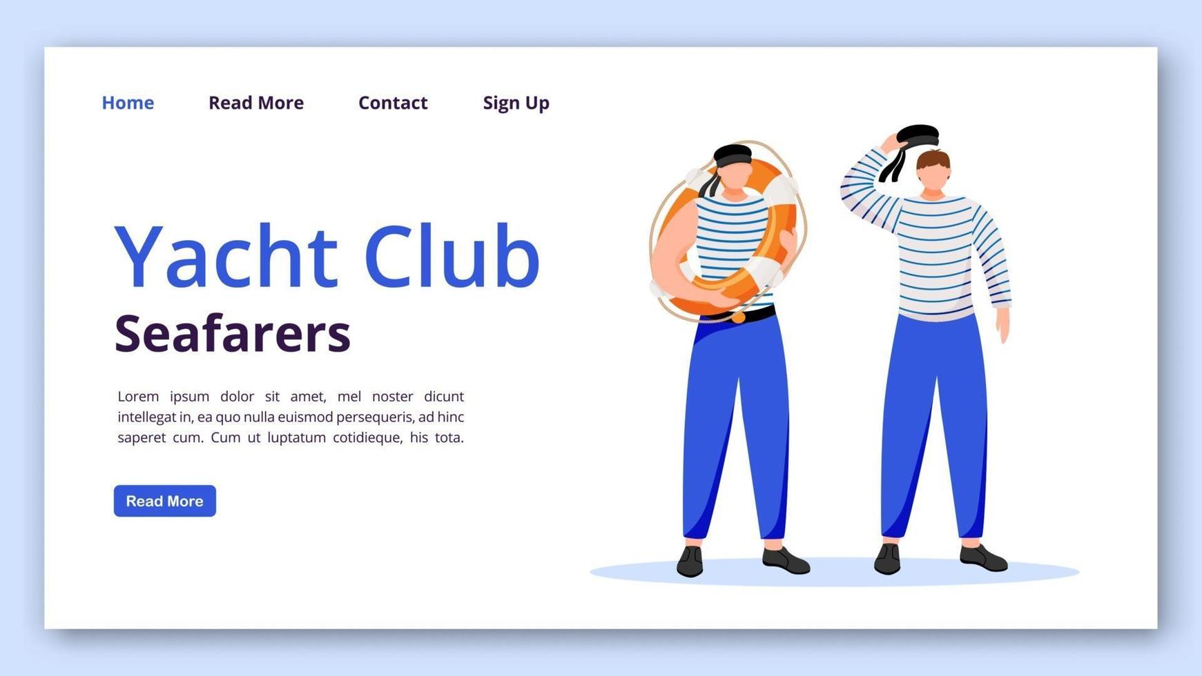 Yacht club seafarers landing page vector template. Sailors website interface idea with flat illustrations. Yachting homepage layout. Sailing web banner, webpage cartoon concept