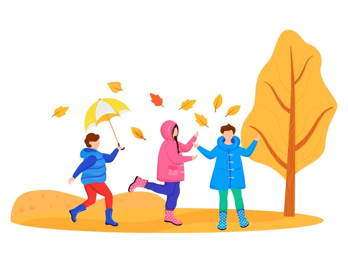 Children in raincoats flat color vector faceless character. Playing caucasian kids. Autumn nature. Wet weather. Rainy day. Little friends in gumboots isolated cartoon illustration on white background