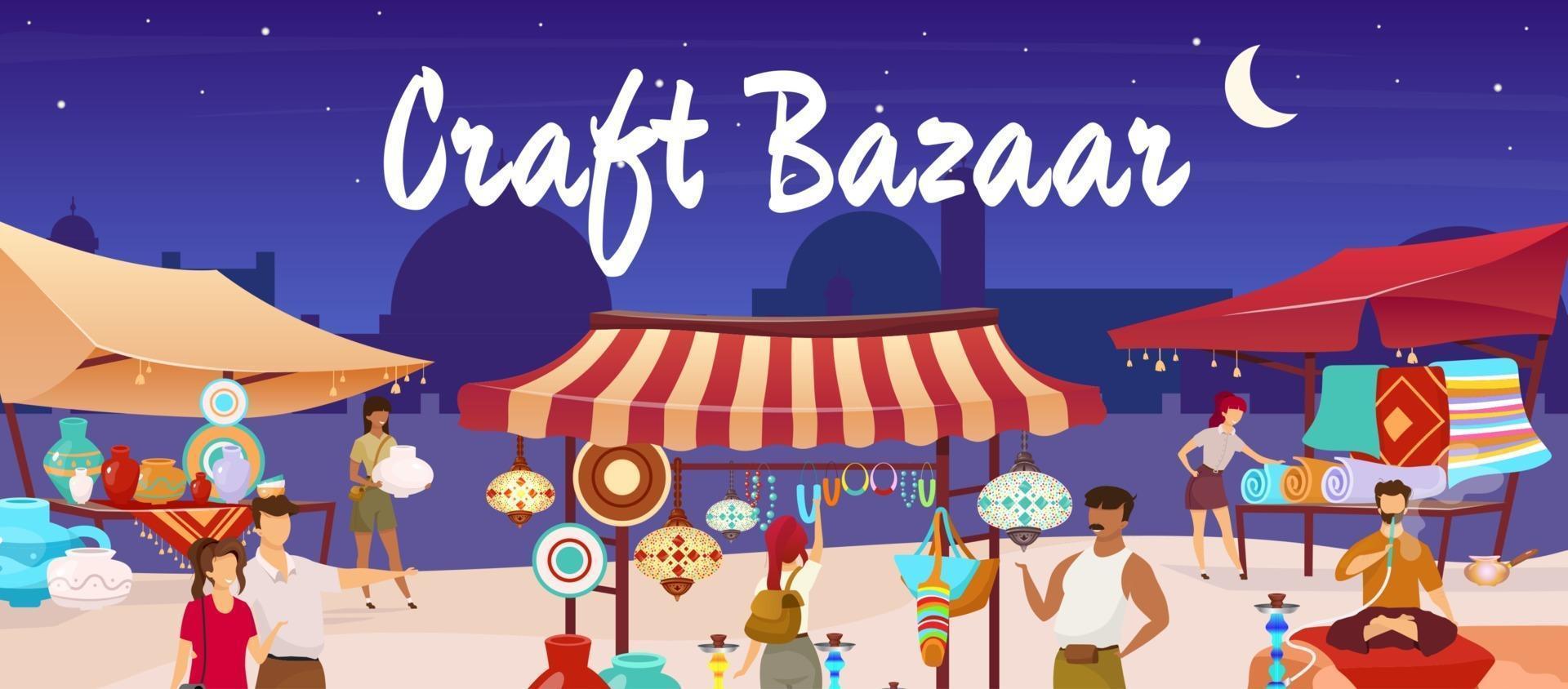 Craft bazaar flat color vector illustration. Egypt marketplace. Eastern market with souvenirs, carpets, pottery for tourist. Travelers, sellers cartoon characters with trade tents on background