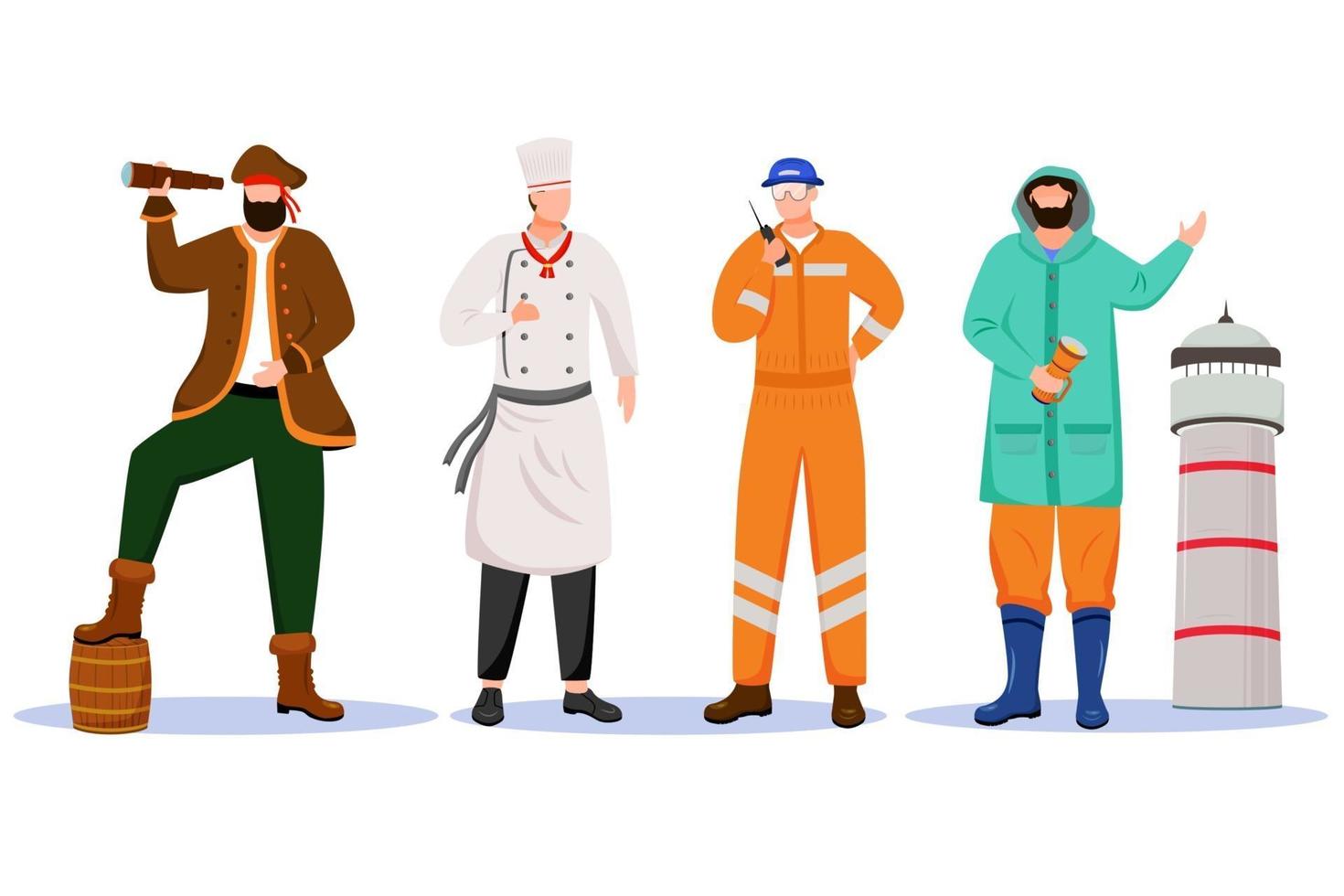 Maritime professions flat vector illustration. Ship cheaf and lighthouse keeper. Marine occupation. Pirate and engineer isolated cartoon characters on white background