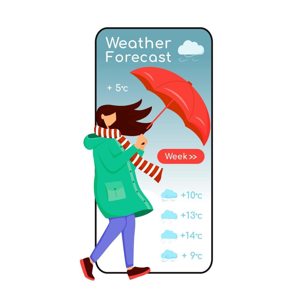 pantalla de aplicación de vector de teléfono inteligente de dibujos animados de pronóstico del tiempo. pantalla de teléfono móvil, maqueta de personaje plano. mujer caucásica en impermeable. mujer con paraguas. interfaz telefónica de aplicación de meteorología