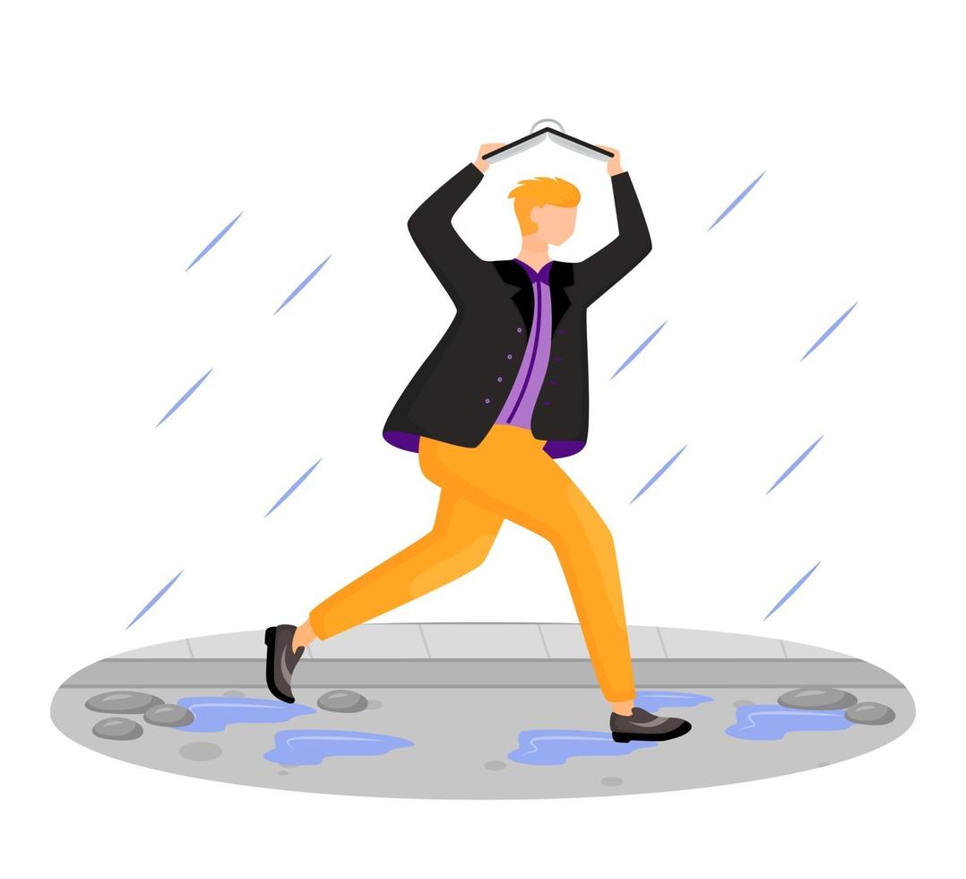 Man in jacket flat color vector faceless character. Running caucasian guy. Rainy weather. Autumn wet day. Male person covering head with book isolated cartoon illustration on white background