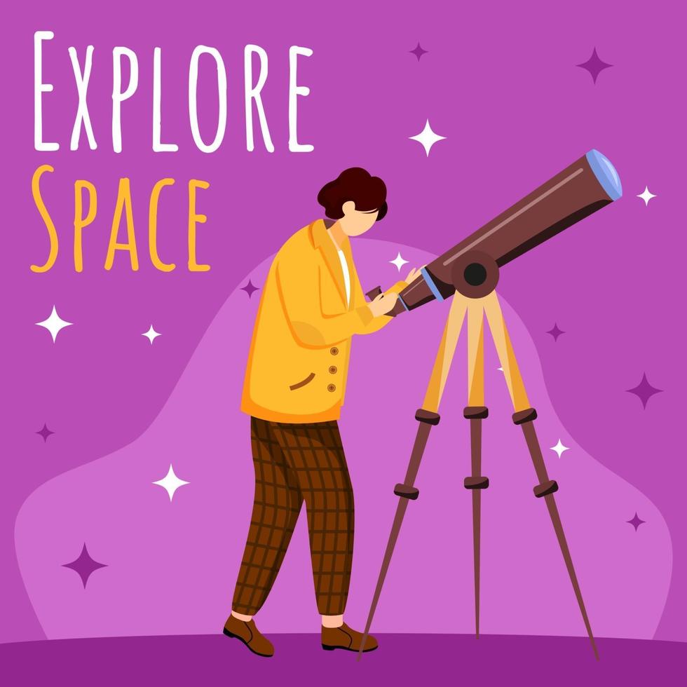 explorar el espacio maqueta de publicación de redes sociales. niño con telescopio. práctica de astronomía. Plantilla de diseño de banner web publicitario. refuerzo de redes sociales. cartel de promoción, anuncios impresos con ilustraciones planas. vector