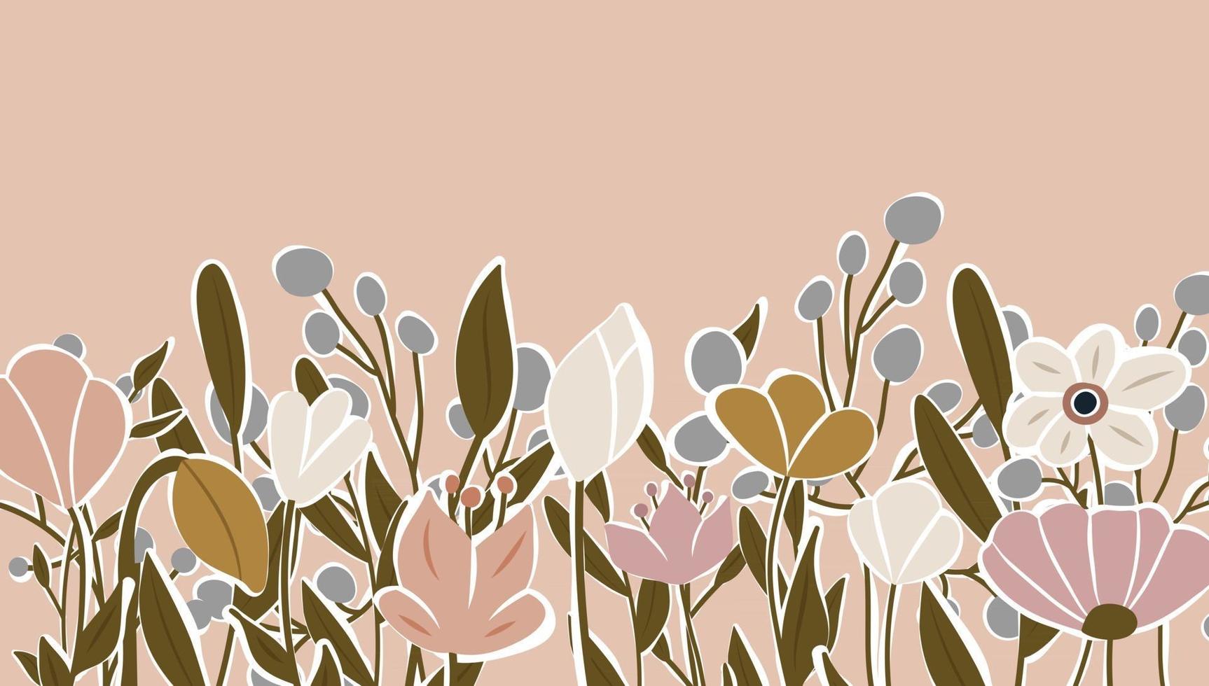 telón de fondo horizontal decorado con flores en flor y borde de hojas. vector de fondo de naturaleza de arte abstracto. marco de plantas de moda. jardín de flores. diseño de patrón floral botánico para banner de venta de verano