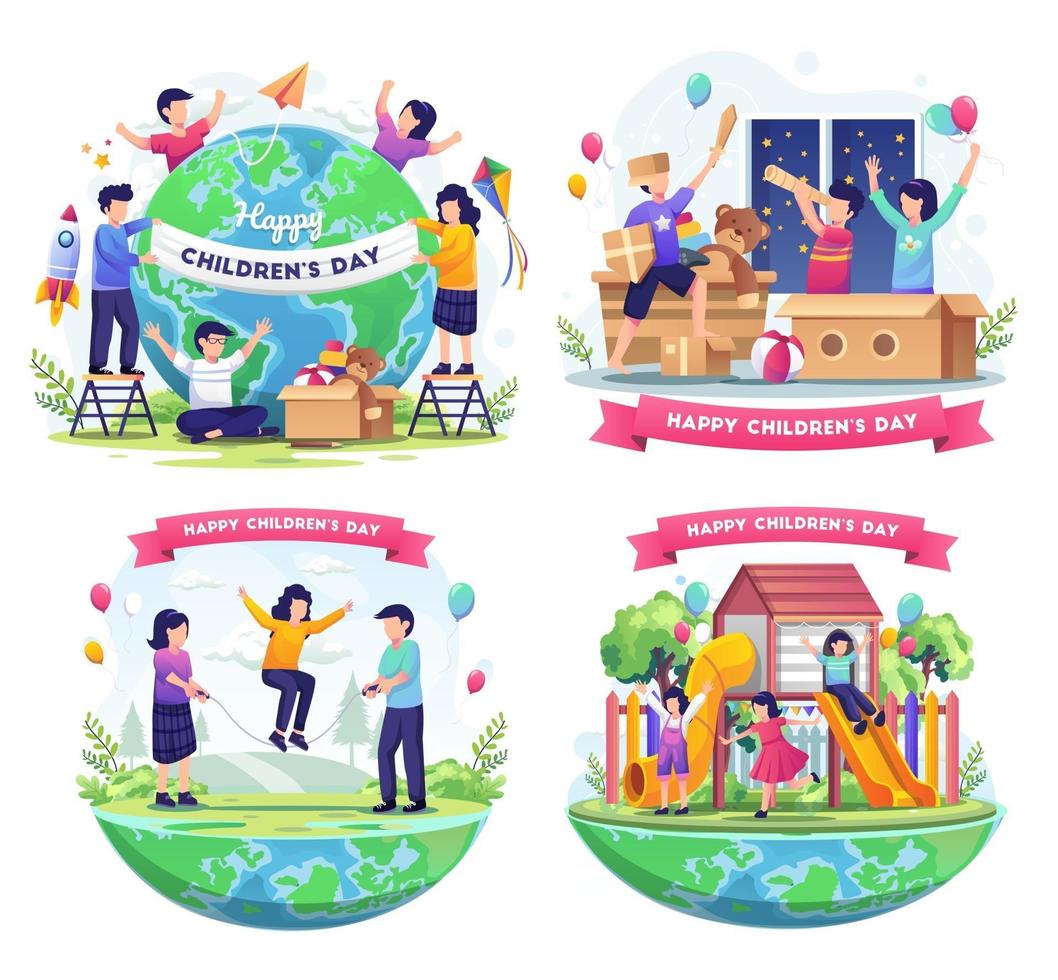 Establecer paquete del día mundial del niño con niños felices de todo el mundo y dedicados a la decoración. ilustración vectorial vector