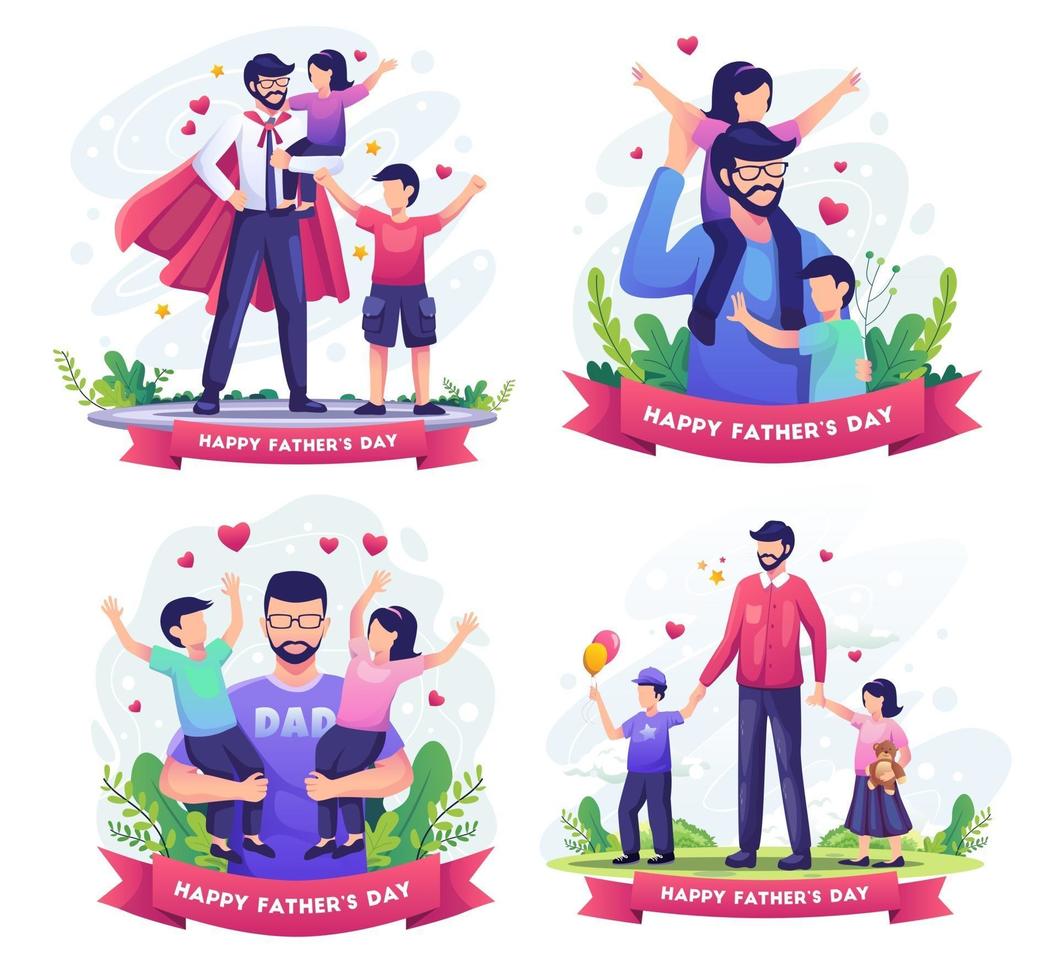 Set bundle of Happy father's day with Father playing with his childrens. vector illustration