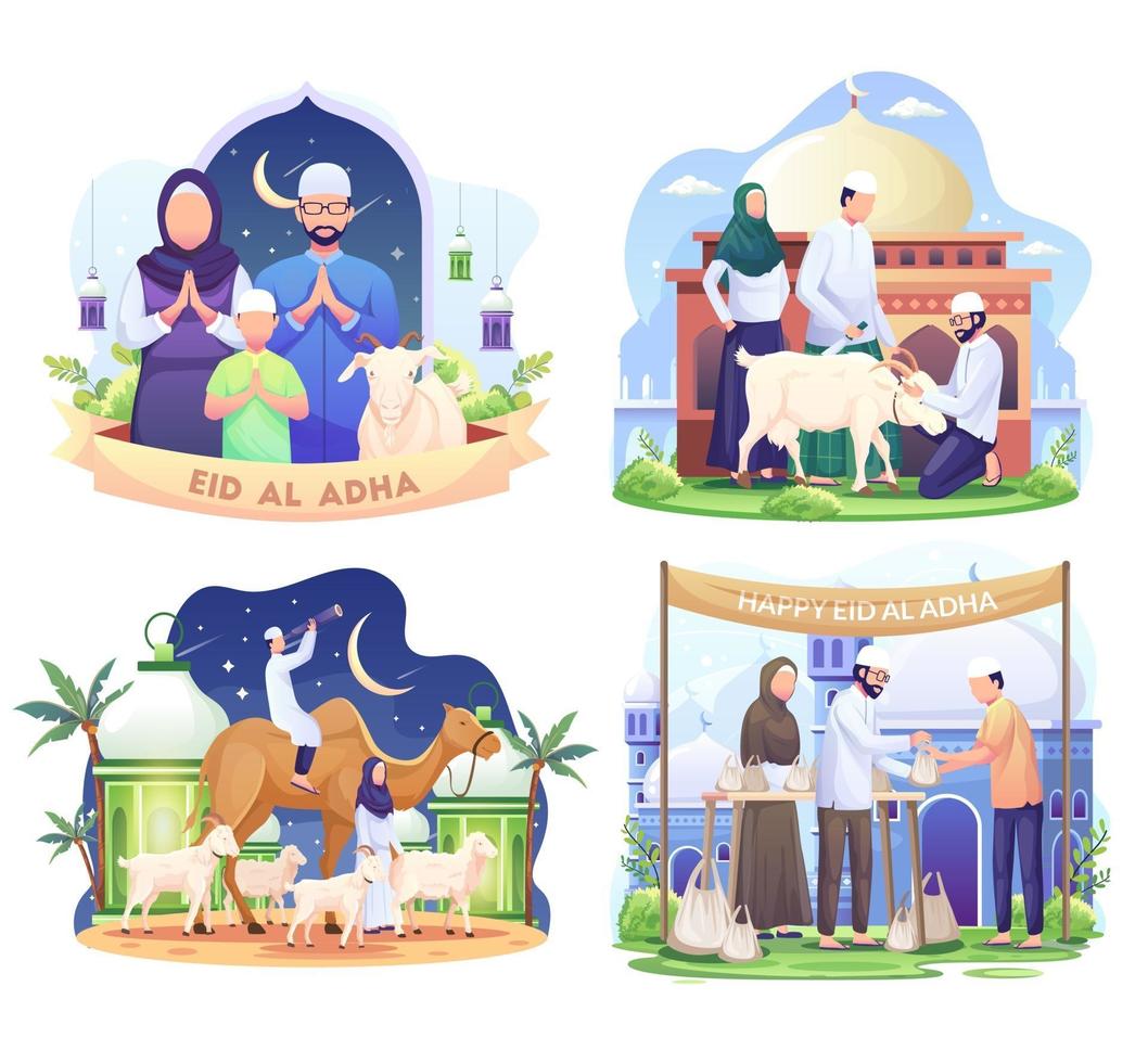 Set Bundle of Happy Muslim family celebrates Eid Al Adha Mubarak with a goat in a front mosque. vector illustration