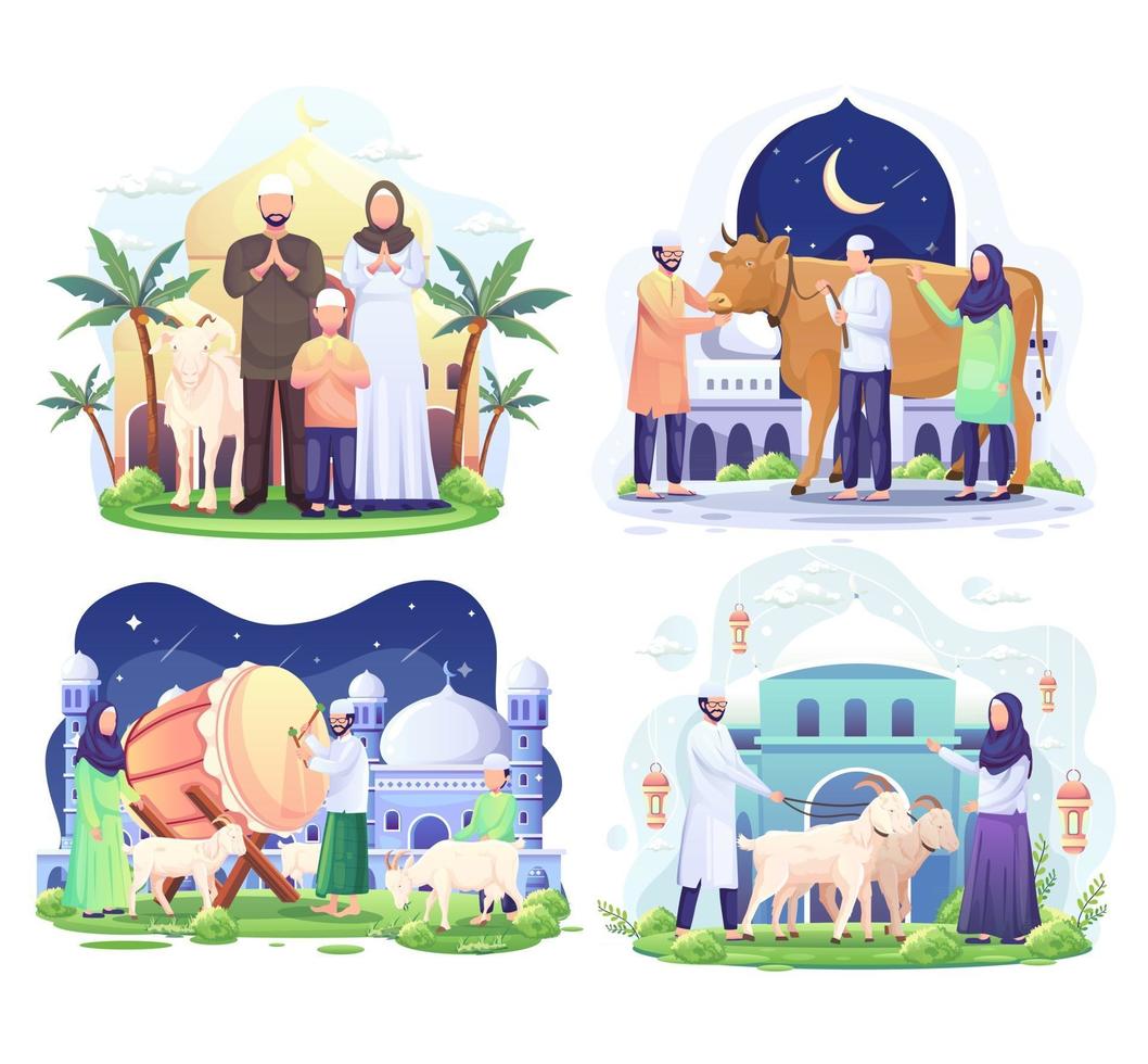 conjunto conjunto de familia musulmana feliz celebra eid al adha mubarak con una cabra en una mezquita delantera. ilustración vectorial vector