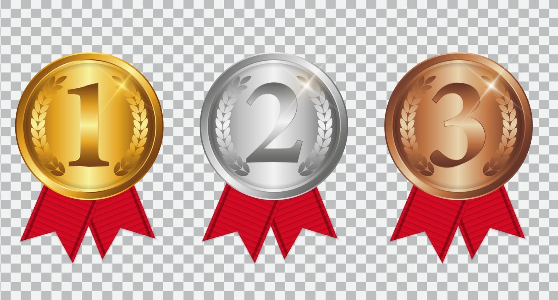 campeón medalla de oro, plata y bronce con cinta roja. signo de icono de primer, segundo y tercer lugar aislado sobre fondo transparente. ilustración vectorial vector