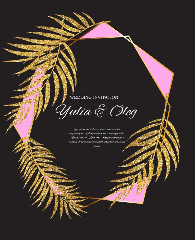 Beautifil Wedding Invitation with Palm Tree Leaf  Silhouette Vector Illustration