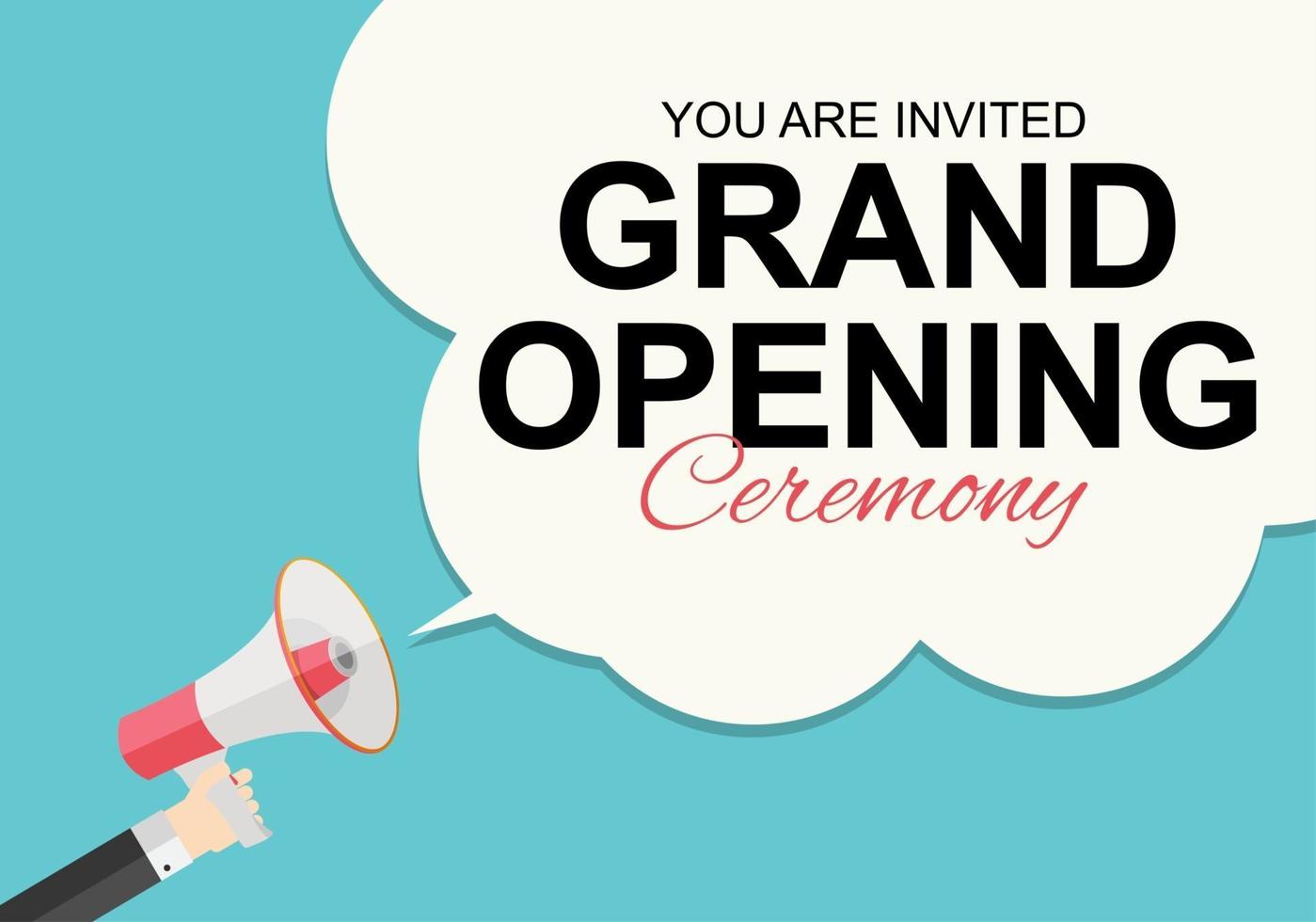 Grand Opening Card with Megaphone and Speech Bubble. Vector Illustration